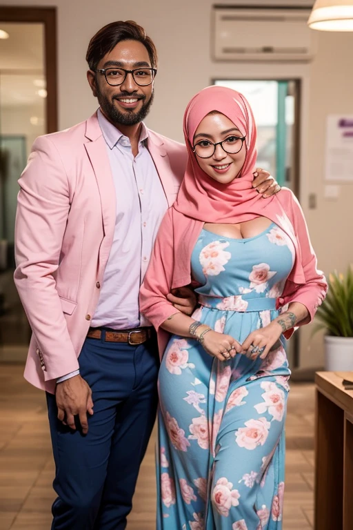 (masterpiece, best quality:1.2), cowboy shot, solo, 1 laurenphillips and 1 malay man, smile, looking at viewer, hand on hip,pastel red color hijab, eyewear on head, girl wear pastel pink floral revealing long dress, man wear office outfit (navy blue suits), man behind girl,