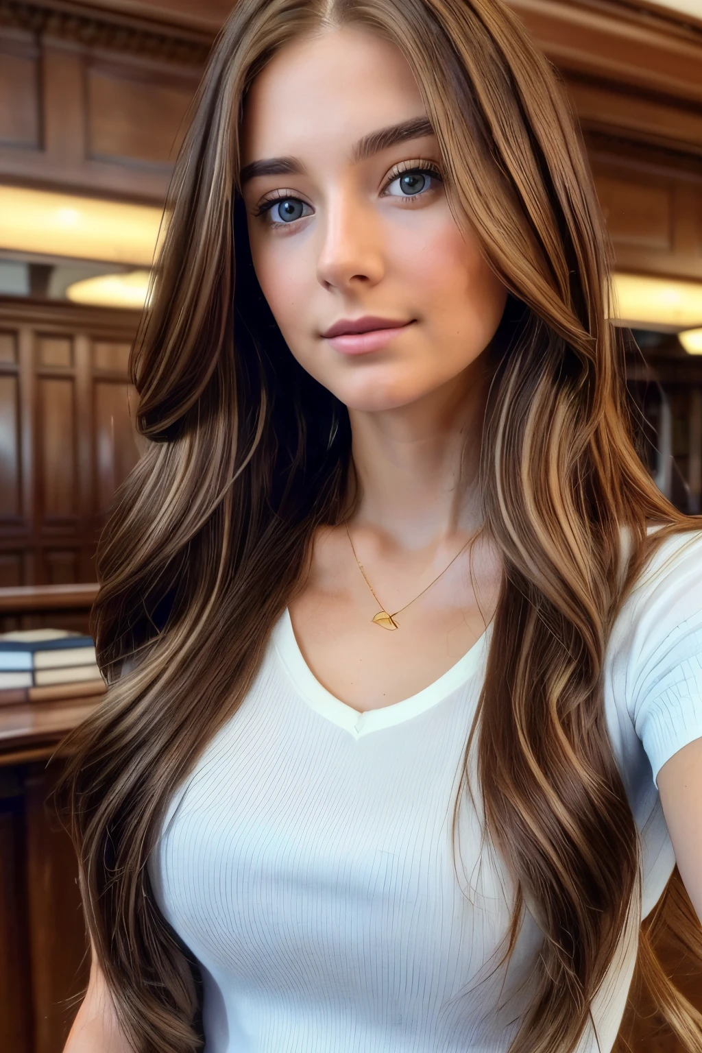 Beautiful college girl, ((20 years old)), ((long chestnut brown hair with golden highlights)), blue eyes, ((front view)), selfie, ((high quality)), ((iPhone X)), elegant white blouse, ((scoop neck)), selfie in the library, ((studious look)), ((realistic photo)), Nikon D850, soft natural light, 4k resolution, Adobe Lightroom, ((detailed and true to reality)).