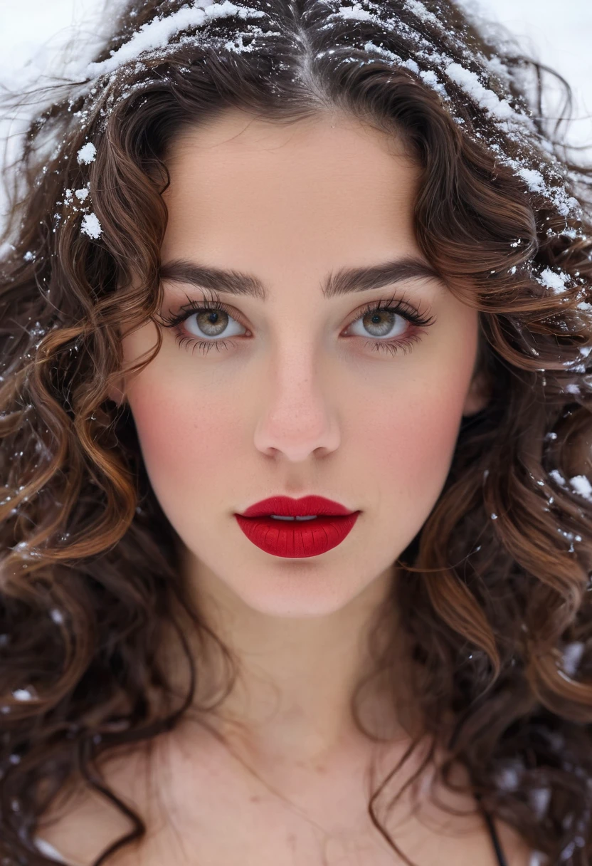Full body photograph of a brunette woman with wavy hair., 21 years, labios rojos, closed small mouth , ojos bonitos, foto realista, en la nieve