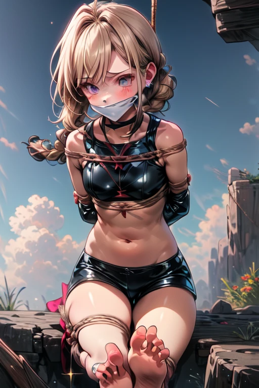 Shiny blond hair, very long hair, sophisticated haircut, ((((hair fully braided)))), ((small twisted braids)), thin and oval face, submissive, (((gagged))), ((((tight latex crop top)))), cute and blushing 18 years old anime girl, look away because she is embarrassed and blushes, bright blue eyes, detailed face, detailed members, detailed arms, detailed hands, ((((sparkling diamond jewelry)))), tiara, ((makeup)), high heels, puffy sleeves, long gloves, long eyelashes, tied by ropes, shackled, can no longer move, tied tightly, very hard tied up with lots of ropes, hampered by so many ropes that she can no longer move, bound hands and feet, ropes tie his whole body, tied extremely tightly and forcefully by a lot of ropes, its limbs are strongly tied together by ropes, his torso is tied up with thick cords, her chest is so tied up with ropes that it sticks out, her legs are tied tightly with thick ropes, she can no longer move her feet, her hands which are tied by thick ropes, she desperately tries to free herself, likes to be tied tight with big ropes, likes to be immobilized by big ropes, his hands and feet are strongly tied, his legs are pressed together and tied with ropes, its limbs are held vigorously by imposing ropes, her chest is compressed by strong ropes, she is restrained by large ropes (shibari:1.4), (masterpiece, best quality) 1.5, 1girl, solo, (sexy, beautiful woman, perfect face, perfect eyes, perfect hands), samus aran, (shibari:1.4), Spread the legs, s&#39; ((lie by big ropes)), ((close up of the girl)), ((((hogtied:1.4)))), ((((girl lying on her stomach, hands tied behind her back, feet tied in the air, her feet and hands are connected by a rope:1.4))))