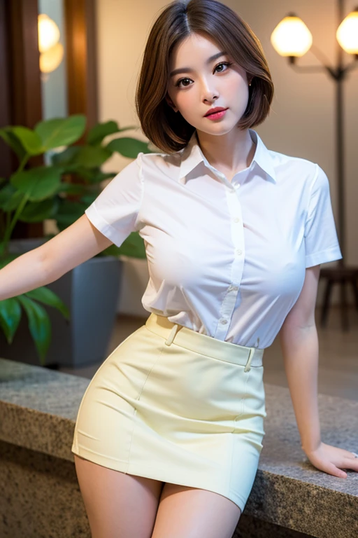 ((highest quality)), ((masterpiece)), (be familiar with), perfect face, masterpiece、highest quality、High resolution、table top、wallpaper、realistic、bright lighting、professional lighting、face light、smooth lighting、japanese woman、20th generation mid-plate、Beautiful woman、action、poor、super beautiful、beautiful skin、beautiful and detailed eyes、be familiar with顔、slim、moderately、short hair、brunette colored hair、brown eyes、look at the camera、big breasts、Best quality,soft lighting,、full body photo、from head to toe、White premium cotton shirt、mini skirt