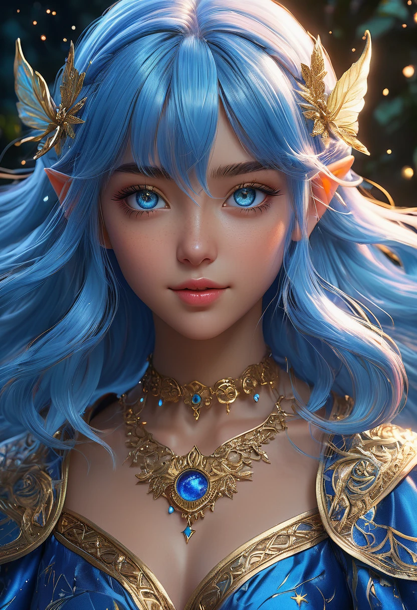 Full body, oil painting, fantasy, Pixie girl, tanned-skinned-female, ((beautiful detailed face and glowing blue anime eyes)), bright straight blue hair, rosy cheeks, smiling, looking at the viewer, Elemental sorceress wearing intricate detailed blue robes casting a spell, intricate hyper detailed hair, intricate hyper detailed eyelashes, intricate hyper detailed shining pupils #3238, UHD, hd , 8k eyes, detailed face, big anime dreamy eyes, 8k eyes, intricate details, insanely detailed, masterpiece, cinematic lighting, 8k, complementary colors, golden ratio, octane render, volumetric lighting, unreal 5, artwork, concept art, cover, top model, light on hair colorful glamourous hyperdetailed forest background at night with stars, intricate hyperdetailed breathtaking colorful glamorous scenic view landscape, ultra-fine details, hyper-focused, deep colors, dramatic lighting, ambient lighting god rays, | by sakimi chan, artgerm, wlop, pixiv, tumblr, instagram, deviantart