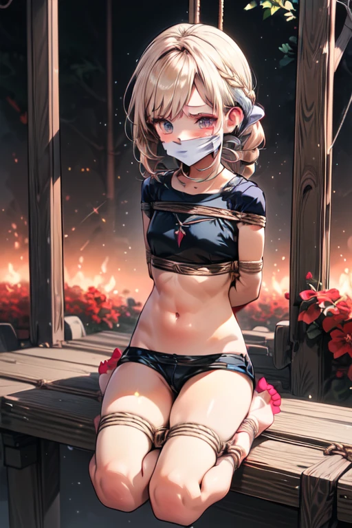 Shiny blond hair, very long hair, sophisticated haircut, ((((hair fully braided)))), ((small twisted braids)), thin and oval face, submissive, (((gagged))), ((((tight latex crop top)))), cute and blushing 18 years old anime girl, look away because she is embarrassed and blushes, bright blue eyes, detailed face, detailed members, detailed arms, detailed hands, ((((sparkling diamond jewelry)))), tiara, ((makeup)), high heels, puffy sleeves, long gloves, long eyelashes, tied by ropes, shackled, can no longer move, tied tightly, very hard tied up with lots of ropes, hampered by so many ropes that she can no longer move, bound hands and feet, ropes tie his whole body, tied extremely tightly and forcefully by a lot of ropes, its limbs are strongly tied together by ropes, his torso is tied up with thick cords, her chest is so tied up with ropes that it sticks out, her legs are tied tightly with thick ropes, she can no longer move her feet, her hands which are tied by thick ropes, she desperately tries to free herself, likes to be tied tight with big ropes, likes to be immobilized by big ropes, his hands and feet are strongly tied, his legs are pressed together and tied with ropes, its limbs are held vigorously by imposing ropes, her chest is compressed by strong ropes, she is restrained by large ropes (shibari:1.4), (masterpiece, best quality) 1.5, 1girl, solo, (sexy, beautiful woman, perfect face, perfect eyes, perfect hands), samus aran, (shibari:1.4), Spread the legs, s' ((lie by big ropes)), ((close up of the girl)), ((((hogtied:1.4)))), ((((girl lying on her stomach, hands tied behind her back, feet tied in the air, her feet and hands are connected by a rope:1.4))))