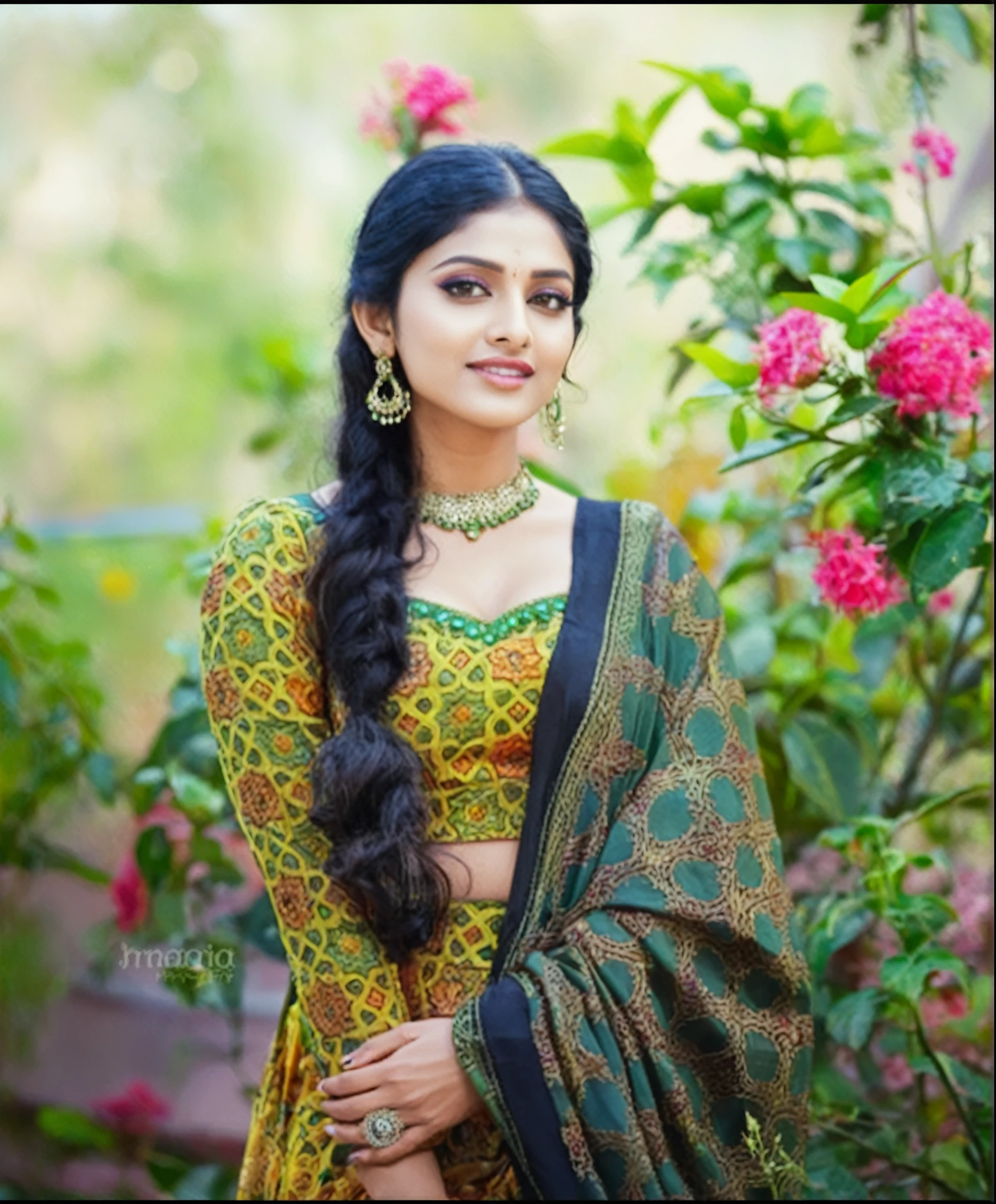 a woman in a sari posing for a picture, indian goddess, traditional beauty, indian, beautiful goddess, ornate cosplay, indian style, indian super model, beautiful maiden, gorgeous woman, south east asian with long, provocative indian, gorgeous beautiful woman, intricate outfit, hindu aesthetic, beautiful asian girl, extremely detailed goddess shot, jaw-dropping beauty, big deep cleavage sexy navel