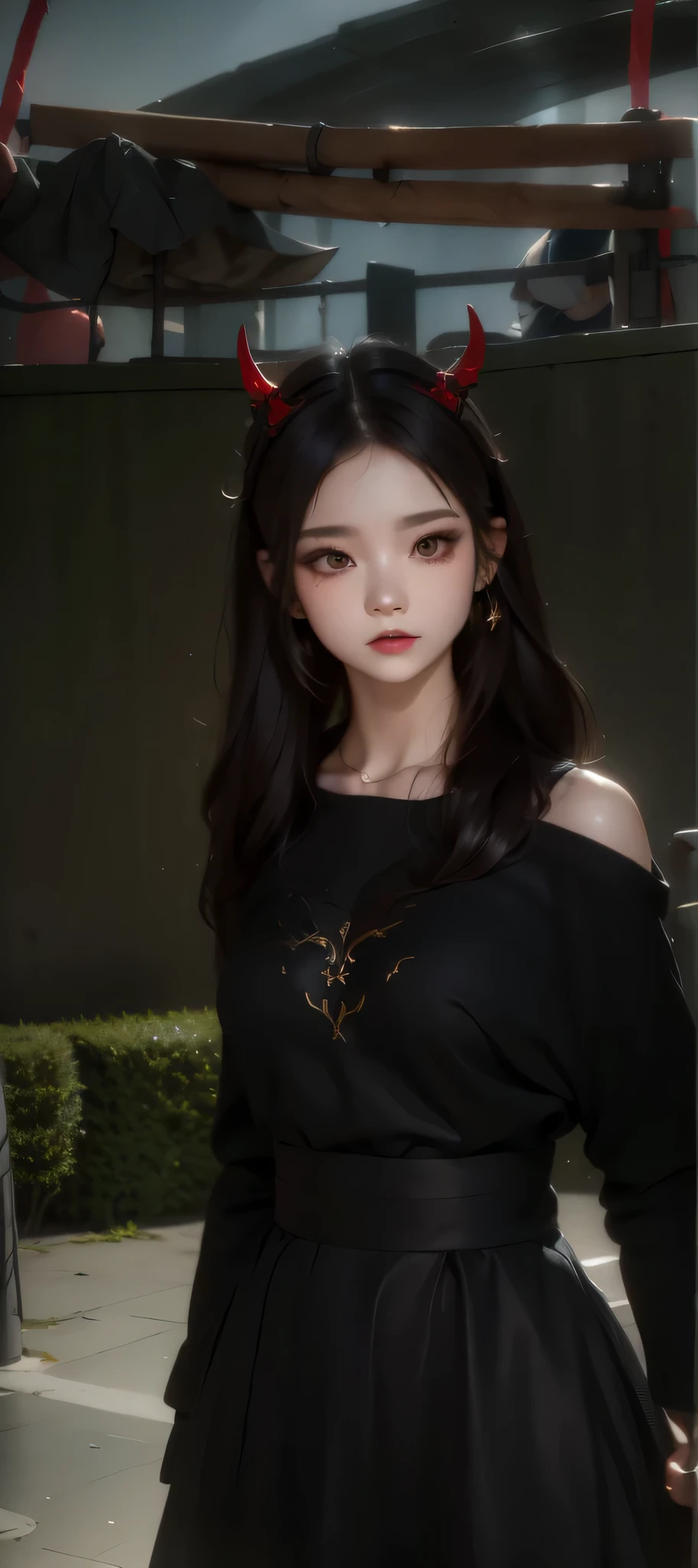 Cute there is a woman in a black dress with horns on her head, second life avatar, lblsck hair, cruel korean goth girl, ((red)) baggy eyes, upper body avatar, ( ( deep black eyes ) ), & her expression is solemn