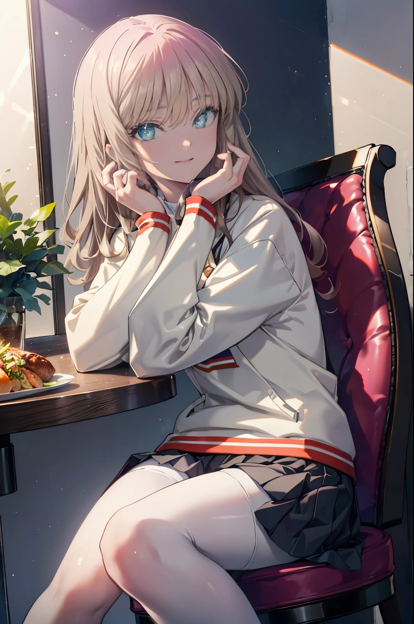 8K,highest quality,masterpiece,Southern dream buds,Southern dream buds　sss Dynazenon,brown hair,long hair,green eyes,short braided hair,ponytail,happy smile, smile, open your mouth,skirt, white oversized sweater,shorts,white pantyhose,short boots,Open Terrace,restaurant,Food is placed on the table,sitting in a chair,(cowboy shot:1. 5),(masterpiece:1.2), highest quality, High resolution, unity 8K wallpaper, (shape:0.8), (beautiful and detailed eyes:1.6), highly detailed face, perfect lighting, Very detailed CG, (perfect hands, perfect anatomy),
