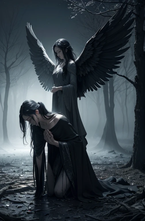(best quality,4k,8k,highres,masterpiece:1.2),ultra-detailed,(realistic,photorealistic,photo-realistic:1.37),dark, dramatic atmosphere, (elegant, gentle, serene) fallen angel with (intricate, delicate, detailed) black wings, (mysterious, ethereal) halo, (long, flowing) black robe, kneeling in prayer beside a (crumbling, ancient) marble statue, surrounded by (twisting, barren) trees with (fallen, decaying) leaves, (soft, shimmering) moonlight illuminates the scene, casting (subtle, haunting) shadows on the ground.