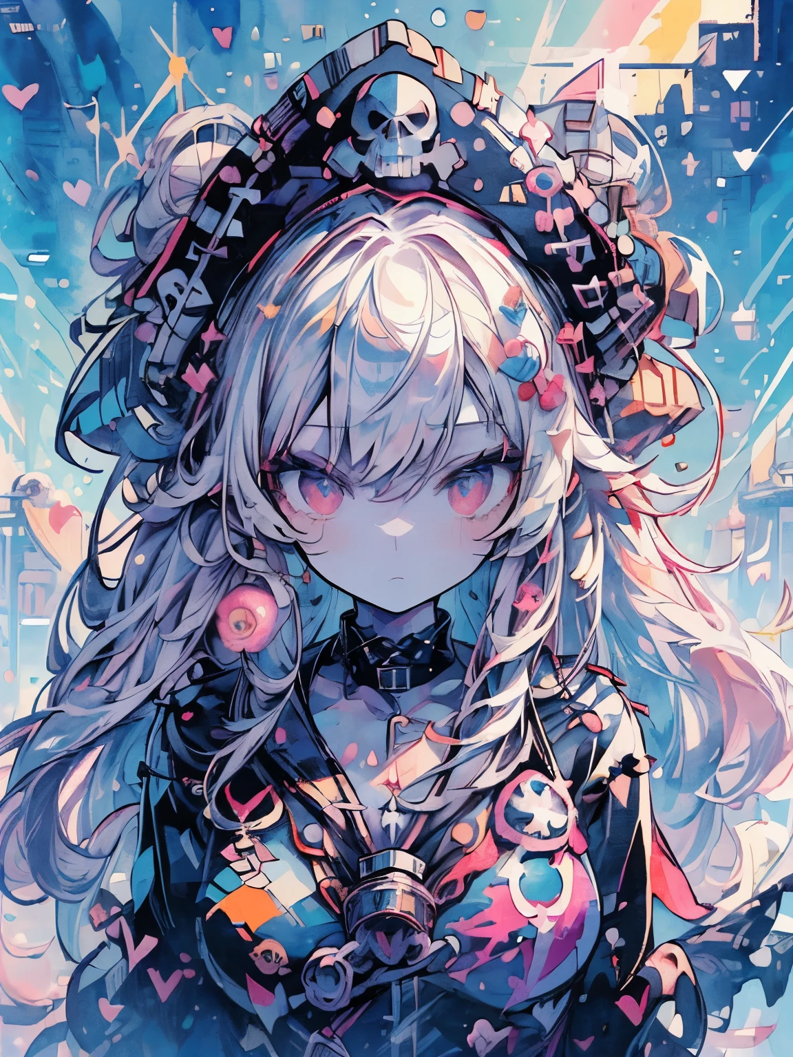 ((((masterpiece, best quality, ultra detail, very_high_resolution, large_filesize, full color)))), 1girl, white long hair, pink eyes, (Pirates wear), (Pirates hat), (Pirates weapon), ((Lots of skulls in the background)), (((from above))), (((Angle from above))), lens flare, Bokeh, sparkle, ((watercolor))