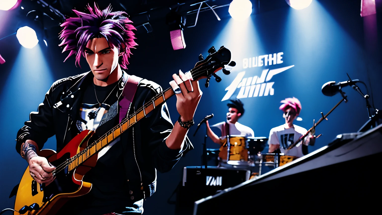 (best quality,4k,8k,highres,masterpiece:1.2),ultra-detailed,(realistic,photorealistic,photo-realistic:1.37),group of (3,4,5) musicians ,each playing their instruments,posing for a photo,anime style,with vibrant colors and dynamic lighting,catching the viewers' attention.In the center of the image,there is a lead singer,with (bright blue,shiny purple,neon pink) colored hair,styled in a unique and fashionable way.He wears a stylish,fitting (leather,jacket,coat) with intricate patterns,accentuating his rockstar appearance and a pair of (ripped,skinny) jeans.The lead singer holds a microphone,lifted in one hand,while the other hand confidently gestures towards the band. On one side,there is a guitarist,with (long,wavy) hair and (piercing,intense) eyes.His fingers move skillfully over the strings of his (electric,acoustic) guitar,creating soulful and (powerful,energetic) melodies.His clothing incorporates elements of punk and rock fashion,with a combination of (band t-shirts,leather jackets,and ripped jeans). Opposite to the guitarist,there is a drummer,with (short hair,buzzcut) and a focused expression on his face.He energetically plays the drum set,with lightning-fast rhythm and precision.Every beat he creates resonates throughout the image,adding a strong sense of rhythm and movement.His clothing style is edgy and modern,with a mixture of (graphic t-shirts,ripped jeans,and studded accessories). On the other side,there is a bassist,with (colorful,dyed) hair and a laid-back demeanor.He skillfully plays the bass guitar,adding depth and richness to the music.His fashion style is relaxed and trendy,featuring a combination of (loose-fitting shirts,denim jackets,and plaid pants). Surrounding the musicians is a stage bathed in vibrant colors,with a backdrop that showcases various anime-inspired designs and patterns.The lighting is dynamic,with spotlights highlighting each musician individually as they strike their poses. The overall atmosphere of the image is energe