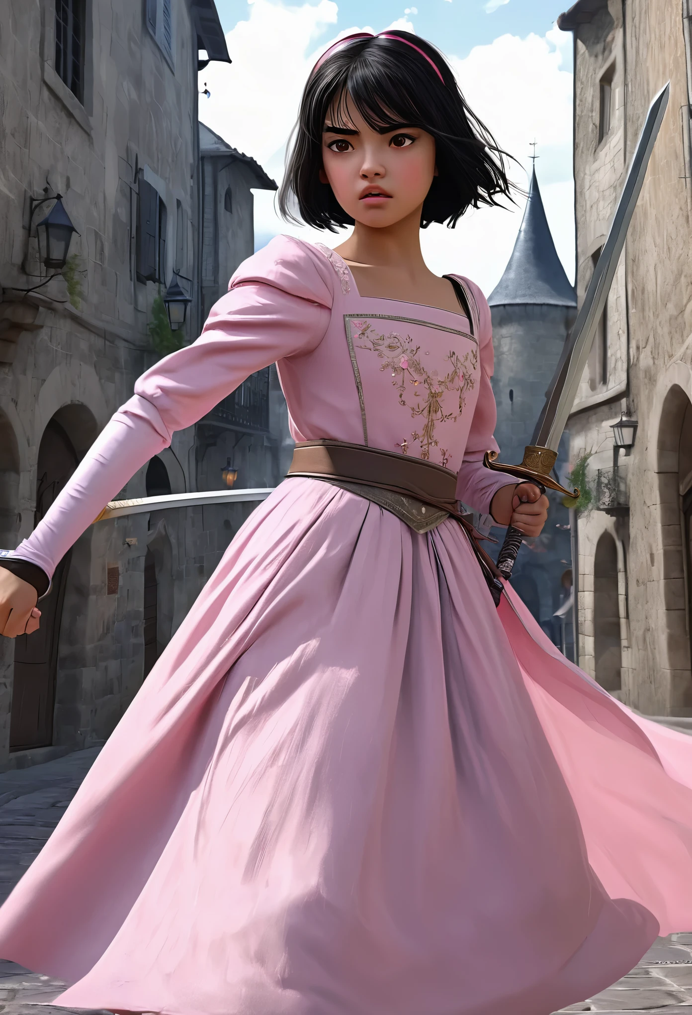 Poor peasant girl fights an evil princess in a sword duel, girl have french bob black hair, brown eyes, dirty grey clothing, princess have a crown, and a shiny pink dress, both have blades in their hands, angry faces, standing in a medieval small city, anime style, fight effects, realism, high definition, accurate to description.