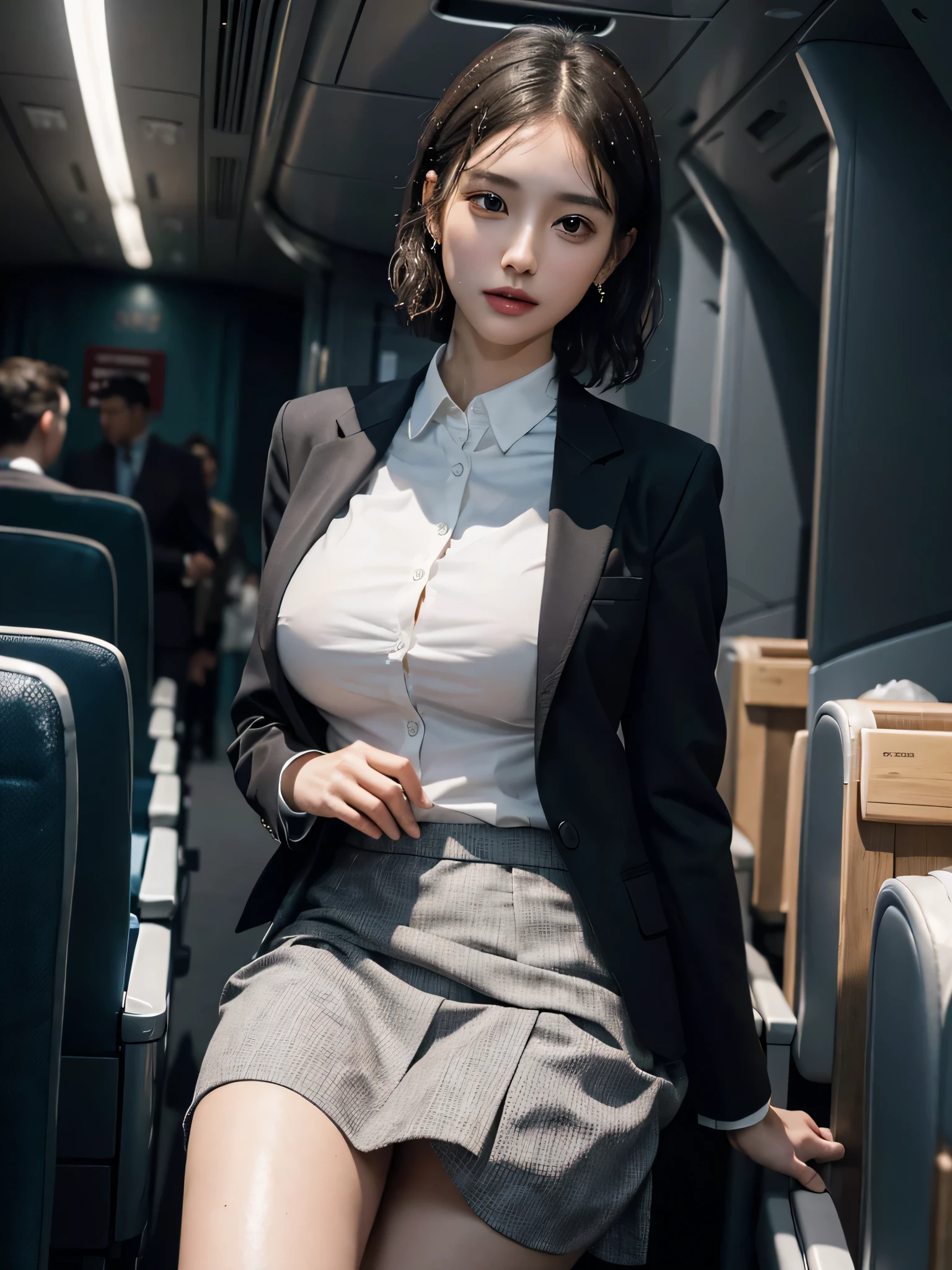 absurdres, (RAW photo), (extremely delicate and beautiful), (masterpiece), (Best Quality), (ultra high resolution), (32k), (hyperrealistic), (ultra-detailed), (perfect anatomy:1.2), perfect figure, super Detailed skin, Very detailed CG 8k wallpaper, 30 years old, very Slim body, narrow waist, very small head, very small face, delicate facial features, tearful mole, earring, thin legs, (very huge round breasts:1.2), full body shot, short hair, (wavy hair:1.2), wet clothes, (air stewardess suit), (collared shirt), short skirt, (blazer),