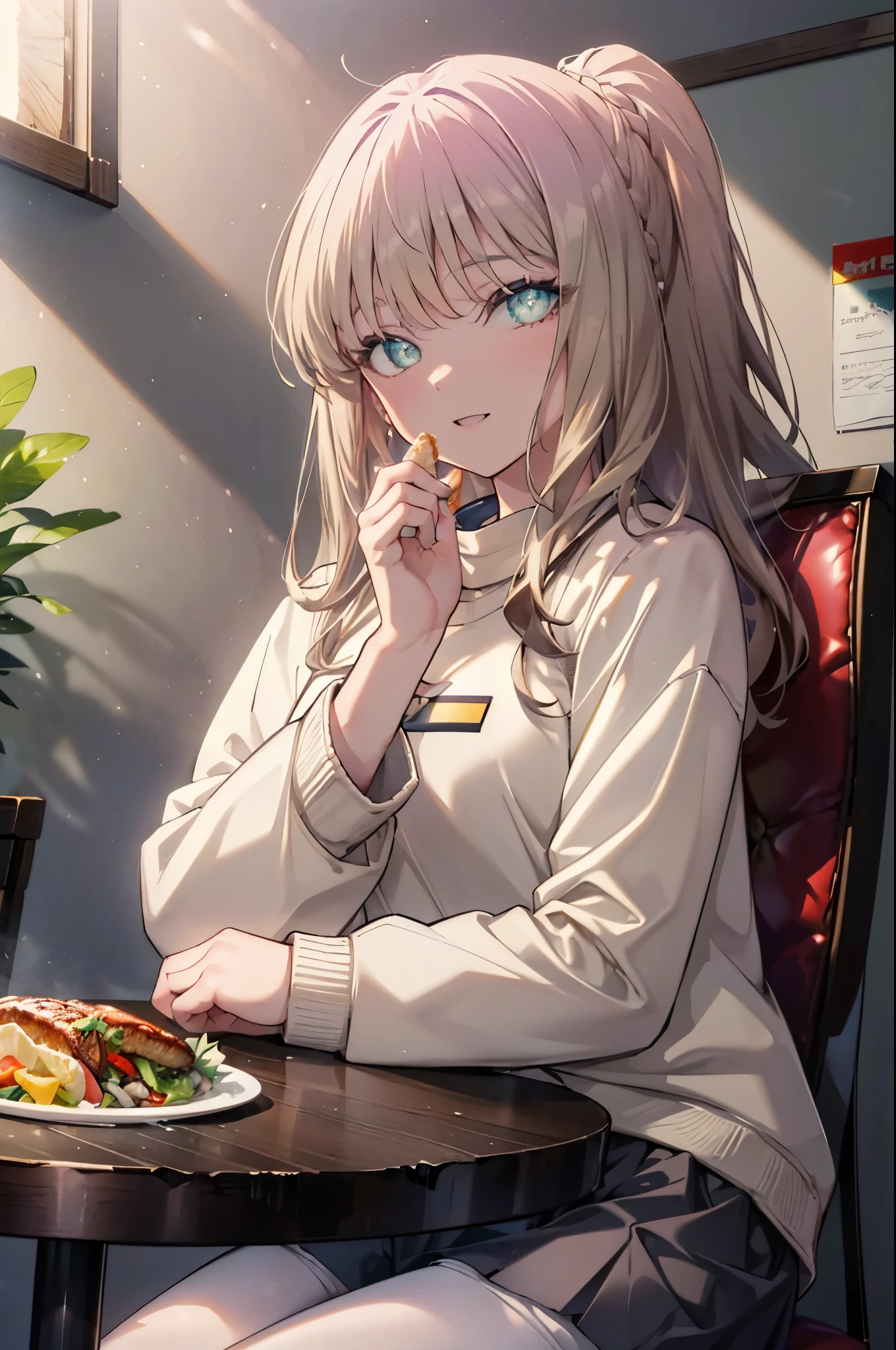 8K,highest quality,masterpiece,Southern dream buds,Southern dream buds sss Dynazenon,brown hair,long hair,green eyes,short braided hair,ponytail,happy smile, smile, open your mouth,skirt, white oversized sweater,shorts,white pantyhose,short boots,Open Terrace,restaurant,Food is placed on the table,sitting in a chair,(cowboy shot:1. 5),(masterpiece:1.2), highest quality, High resolution, unity 8K wallpaper, (shape:0.8), (beautiful and detailed eyes:1.6), highly detailed face, perfect lighting, Very detailed CG, (perfect hands, perfect anatomy),