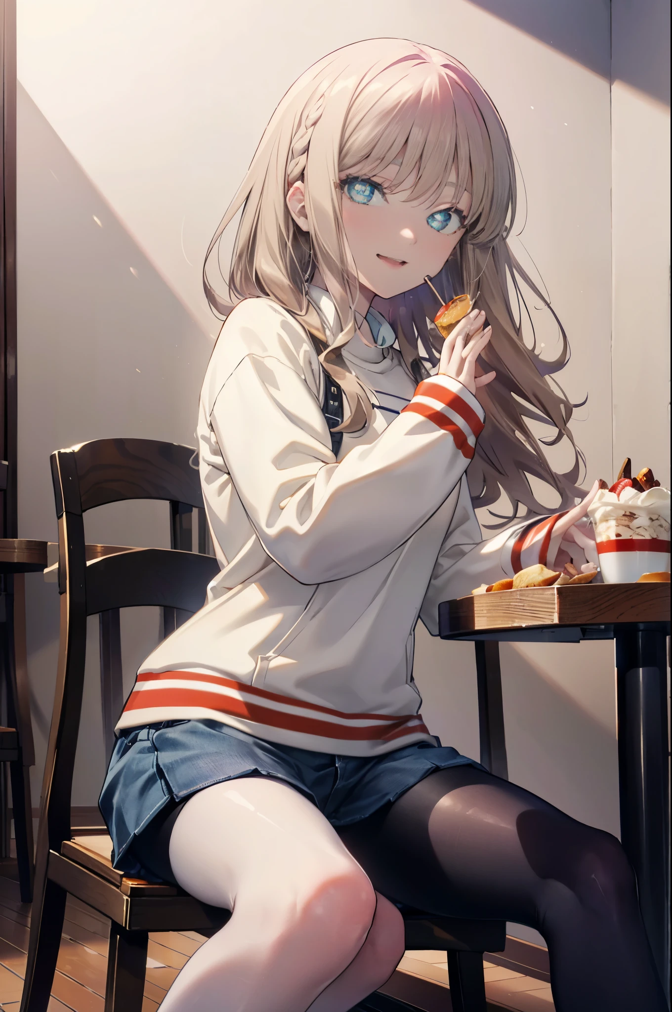 8K,highest quality,masterpiece,Southern dream buds,Southern dream buds sss Dynazenon,brown hair,long hair,green eyes,short braided hair,ponytail,happy smile, smile, open your mouth,skirt, white oversized sweater,shorts,white pantyhose,short boots,Open Terrace,restaurant,Food is placed on the table,sitting in a chair,(cowboy shot:1. 5),(masterpiece:1.2), highest quality, High resolution, unity 8K wallpaper, (shape:0.8), (beautiful and detailed eyes:1.6), highly detailed face, perfect lighting, Very detailed CG, (perfect hands, perfect anatomy),
