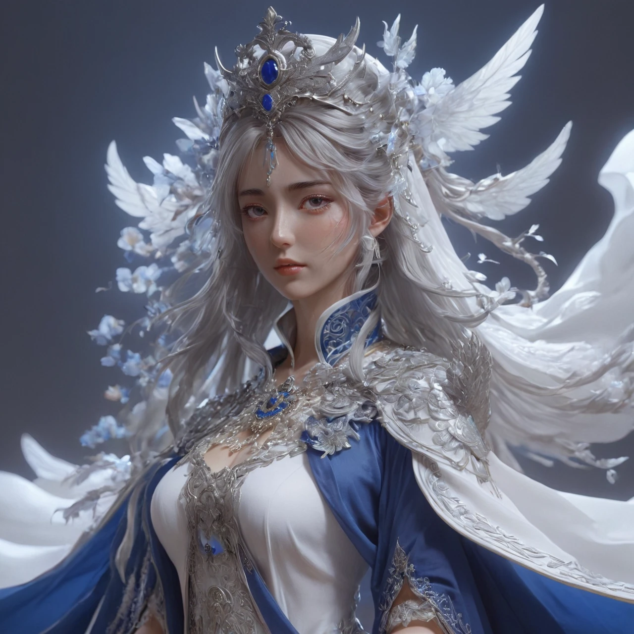 Wearing a white dress、Arafad woman wearing blue cloak, 8k high quality detailed art, ((beautiful fantasy queen)), Detailed digital animation art, beautiful fantasy queen, Yoshitaka Amano Carroll Barker, Epic and beautiful character art, artgerm on artstation pixiv, Complex and gorgeous anime CGI style, Stunning character art