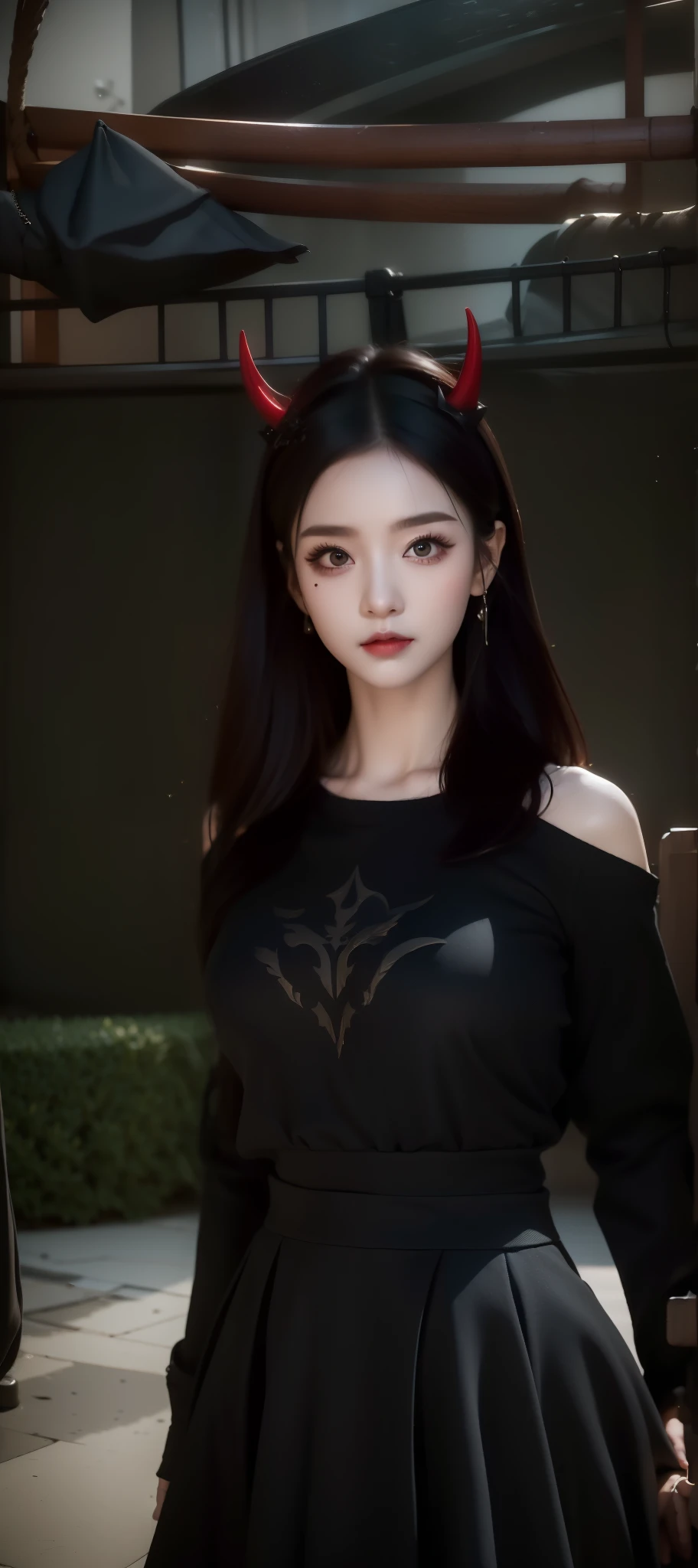 Cute there is a woman in a black dress with horns on her head, second life avatar, lblsck hair, cruel korean goth girl, ((red)) baggy eyes, upper body avatar, ( ( deep black eyes ) ), & her expression is solemn