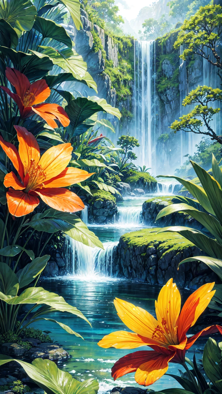 masterpiece, best quality, ultra high res, ultra-detailed, beautiful, tropical rainforest, vibrant flowers, serene landscape
