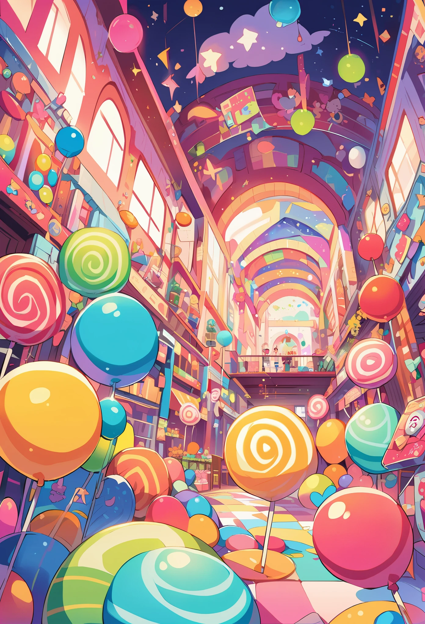 A colorful candy-themed mall with giant lollipops, candy canes, and chocolate bars adorning the walls, creating an enchanting atmosphere for children to explore in their dreamy world of sweet treats. The artwork focuses on faces.