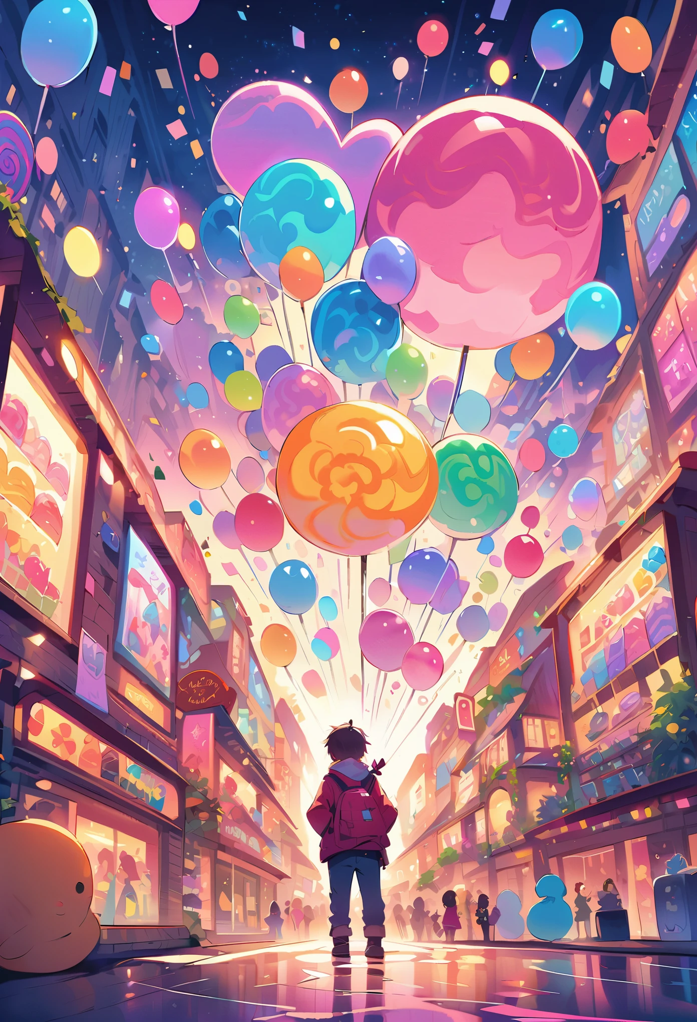 A colorful candy-themed mall with giant lollipops, candy canes, and chocolate bars adorning the walls, creating an enchanting atmosphere for children to explore in their dreamy world of sweet treats. The artwork focuses on faces. 