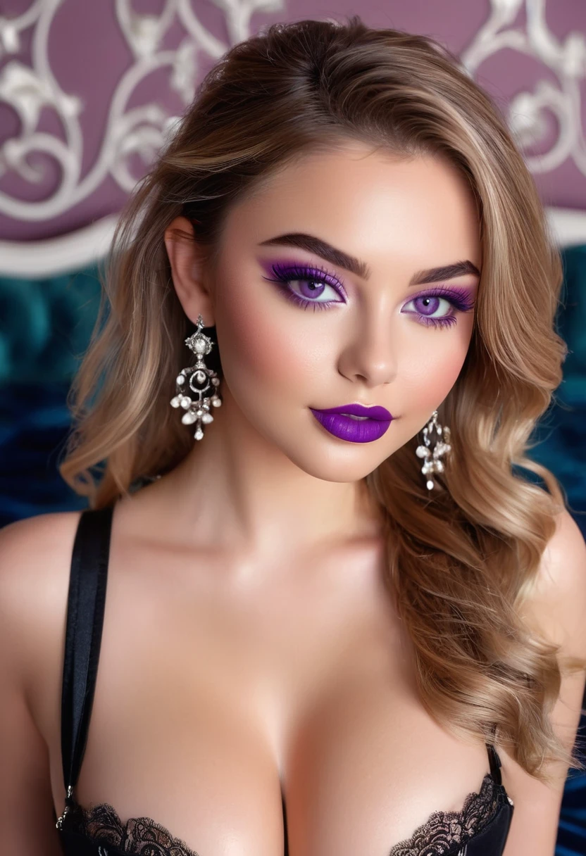 (best quality,ultra-detailed,photorealistic:1.37),vivid colors, professional, beautiful detailed eyes, beautiful detailed lips, extremely detailed eyes and face, long eyelashes, attractive, confident attitude, charming smile, flawless skin, radiant complexion, trendy hairstyle, delicate features, gorgeous appearance, natural-looking makeup, Nail polish with bright colors, wavy hair, plump lips, great body proportions, perfectly shaped eyebrows, daintily contoured cheeks ,powder-purple eyeshadow, striking cat-eye eyeliner, satin finish lipstick, sexy expressions, playful poses, age, energetic, sleek-and-sexy outfit, high heels, exquisite details in every outfit, prominent presence on in bedroom, flashing camera lights, fast-paced excitement, stylish accessories, glamorous event, joyful atmosphere, ring of authenticity, high energy and adrenaline, emphasized curves, dynamic composition, thrilling atmosphere, electric atmosphere, tight corset like clothing with long side splits, exposed hard detailed nipples, teen, on a bed, small pert breasts
