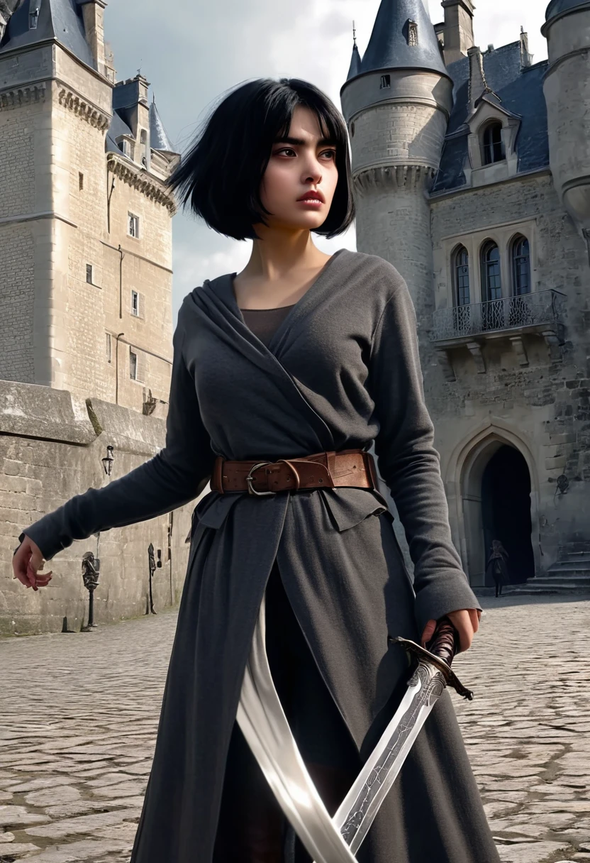 Poor pisant girl fights and evil lady, girl have french bob black hair, brown eyes, poor grey clothing, old sword, evil lady is a monster, we see the image in the back of the girl, and she is standing in front of the evil lady, Castle ambience, realism, digital art style, high definition, accurate to description,