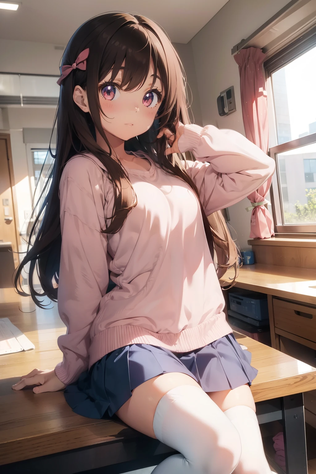 Anime girl, long brown hair, beautiful brown eyes, pink shirt, blue skirt, white long socks, cute, 8k, high resolution, in a beautiful room background, good anatomy