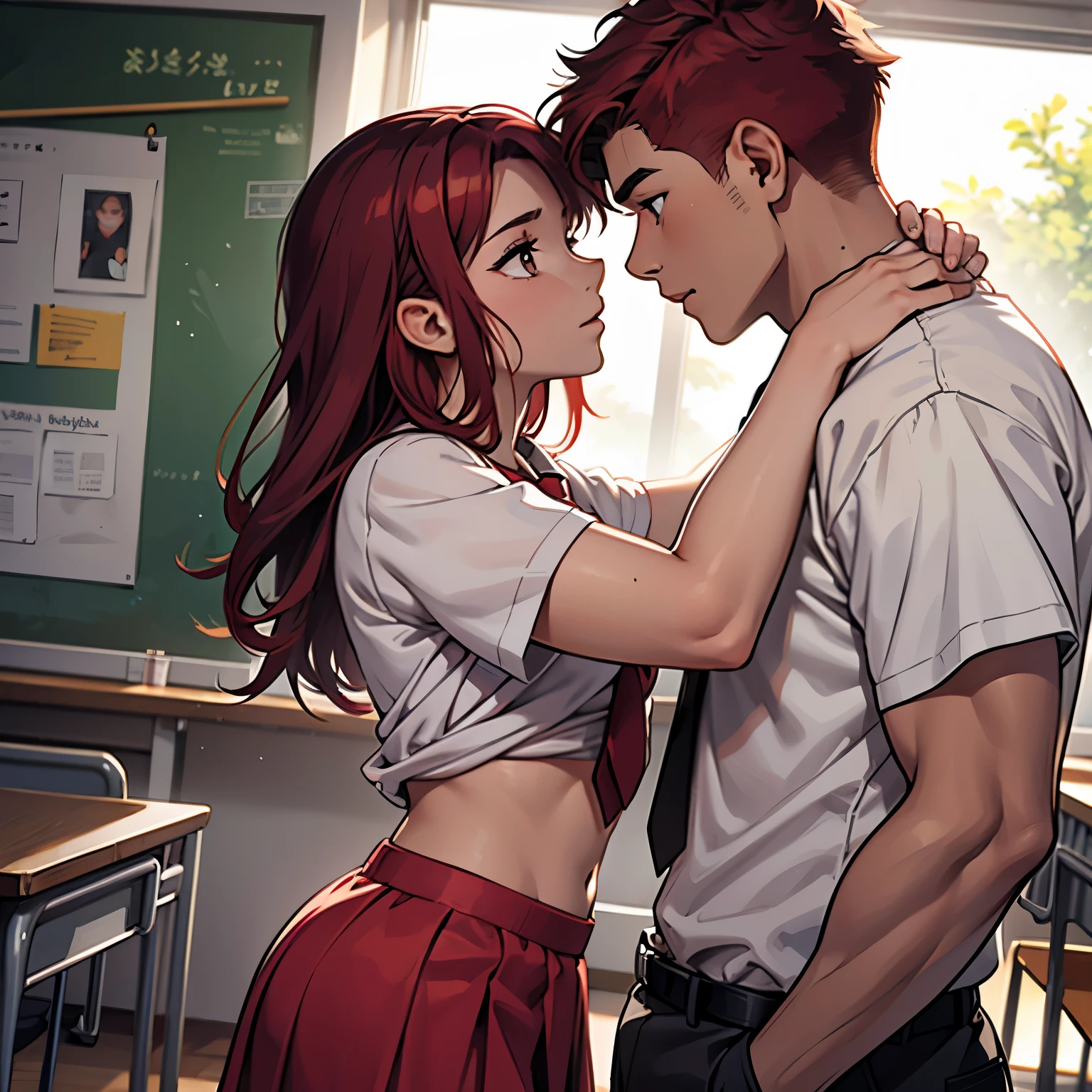 There is a with red hair and a white school shirt and a slim gray-haired, gray-eyed boy in a white shirt. She gets very close to him.