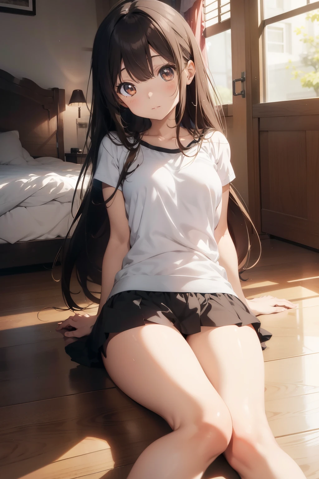 Anime girl, long brown hair, mature, laying flat on her back, hands splayed, beautiful brown eyes, sleepy expression, bare legs, smooth legs, cute, 8k, high resolution, in a beautiful room background, good anatomy
