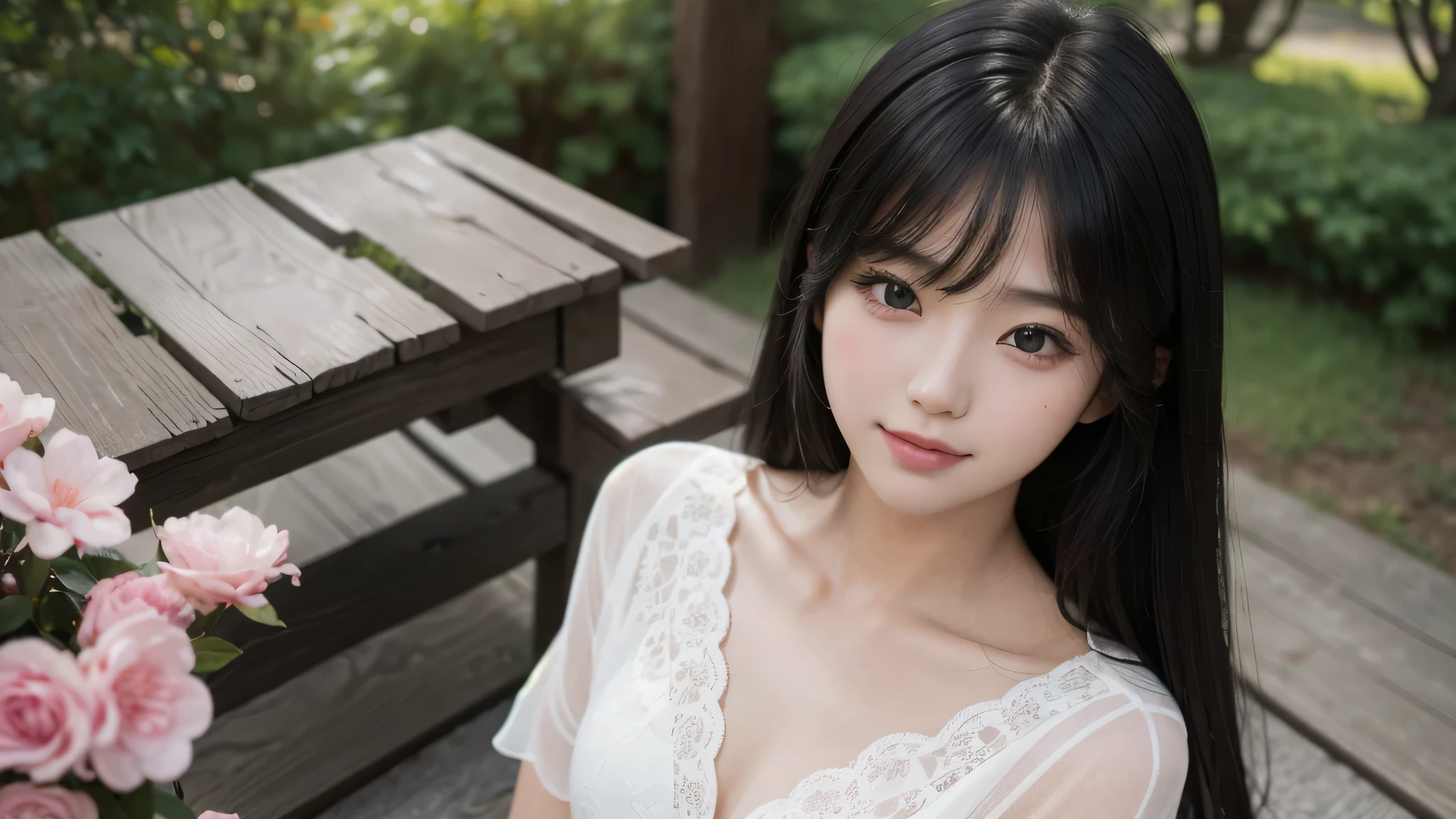 masterpiece, best image quality, high quality, beautiful girl, Japanese, Japanese school girl, popular korean makeup, be familiar with, eye swelling, be familiar with eyes, be familiar with skin, beautiful skin, ultra High resolution, (reality: 1.4), so beautiful, a young face, beautiful skin, thin, (super reality), (figure), (High resolution), (8K), (highly be familiar with), (best figure), (beautifully be familiar with eyes), (super be familiar with), (wallpaper), (be familiar with face), looking at the viewer, small details, be familiar with face, Pure erotic face ace_V1, smile, look straight ahead, look straight ahead, Angle from the waist up, realistic pictures, bright lighting, professional lighting, black hair (some green), long hair, dark ruins, big red moon, Gorgeous white and pink dress, mature woman, Stylish long bangs,
