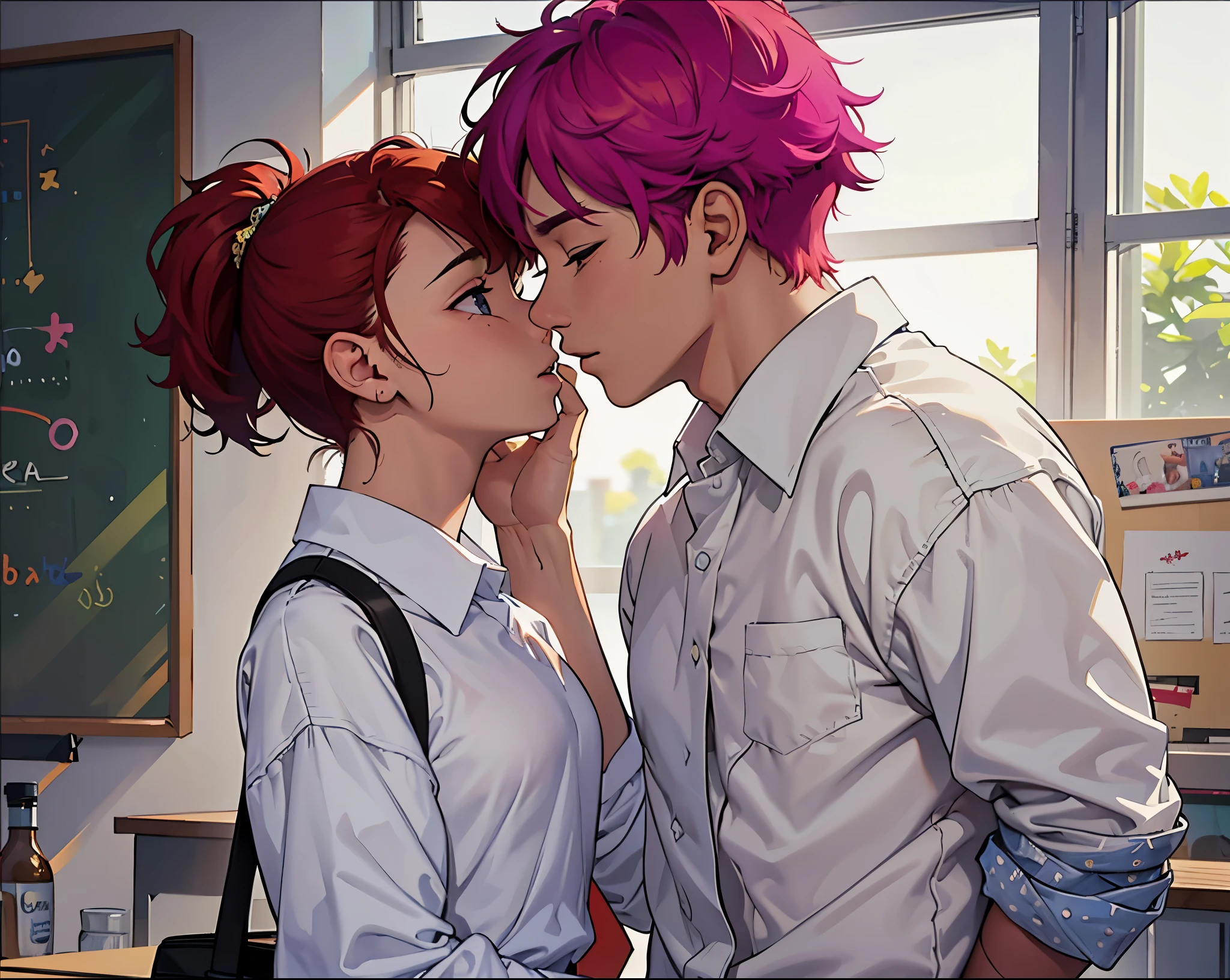 Girl and boy standing together, Chica tocando la cara del chico. chica larga, cabello purpura, Y un corto juvenil, cabello rojo. They are both dressed in white school shirts.. se acercan mucho besan de pie en el aula. CHICO CON EL PELO CORTO Y morado. the girl has red hair they are the kiss. boy is shy
(material:illustration),(Mejor calidad,high resolution,obra maestra:1.2),ultra detallado,(realista,Fotorrealista,fotorrealista:1.37)
(estilo de:en toda su altura),(vivid colors),(tonos de colores suaves)
(luz:soft lighting),(bokeh).