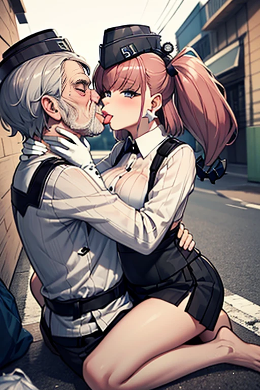 {perfect anatomy},((beautiful face:1.5)),((Pregnant: 0.8)), (((french kiss, 1 girl, 1 homeless old man, hetero,kiss, french kiss, tongue kiss looking at the viewer:1.5))) (masterpiece, highest quality:1.3), (Super detailed), {figure, studio light, picturesque}, [best shadow],
break
(KonishiCSA)_(ShizumaCSA),
break
(perfect anatomy), (symmetrical eyes, beautiful eyes), (sharp eyeliner, beautiful face), (gray eyes),
break
nice hands, perfect hands, By Guido Daniele,
break
1girl, alone,
break
AtlantaKC, (white) long sleeves shirt, (black) suspender skirt, (black) garrison cap, (anchor) hair ornaments, (star (symbol)) earringss, (black) garter strap, (black) thigh strap, (dress) shirt, (high waist) skirt, (single) earrings, (left side) earrings,
break,
 ((Partially missing fingers) gloves, (2 tone) gloves with (white) Back (gray) palm)),
break
(The labeled text says "51" written on the garrison cap left side:1.3),
break

