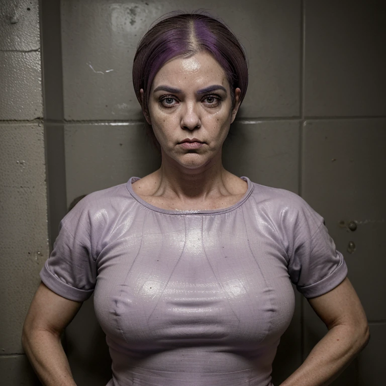 Linda mulher, idade 35 anos, wearing prison clothes, is inside a prison cell((imagem completa)),((imagem realista))((olhar de frieza e sem sentimento)),((serious look))