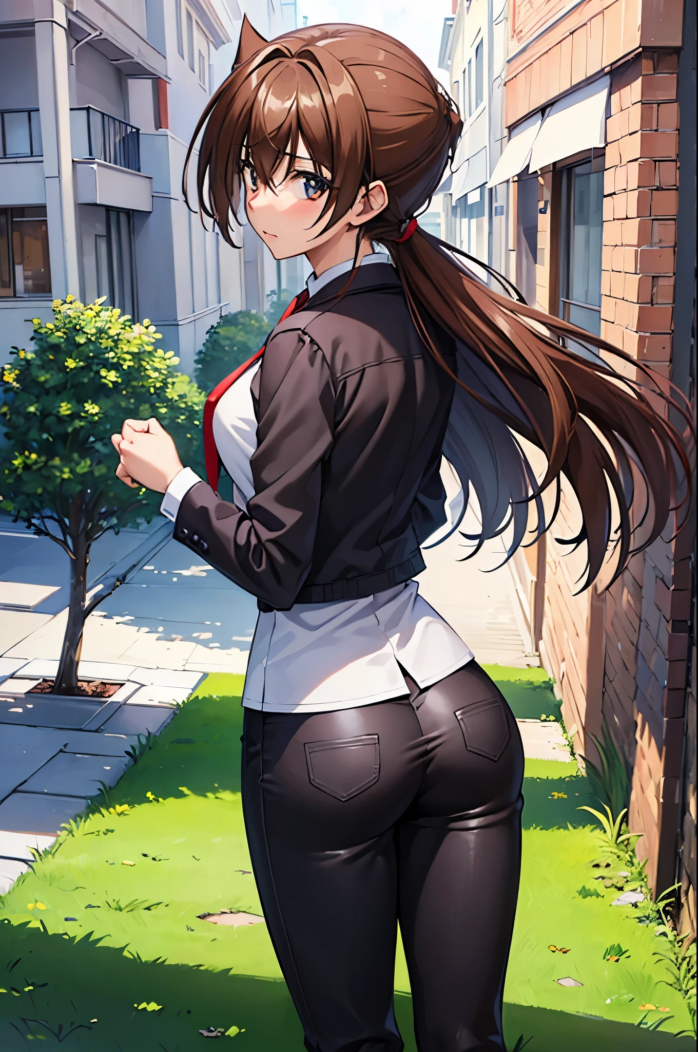 (from behind), (masterpiece, best quality:1.2), expressive eyes, perfect face, highres, 1girl, solo, (female:1.5), issei_hyoudou, long hair, long sleeves, jacket, necktie, red necktie, shirt, pants, blushing, nervous, standing, portrait, looking at viewer,