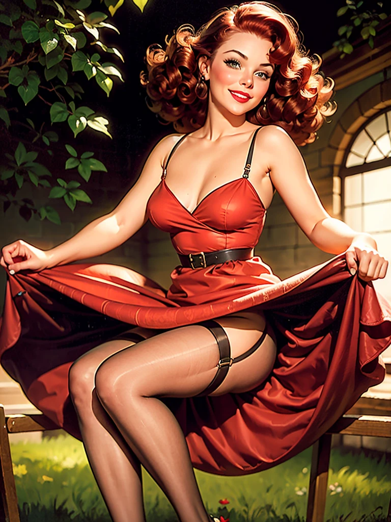 woman, vintage pin-up,red curly hair, little smile,fence soft flowery dress, garter belts, studio lights