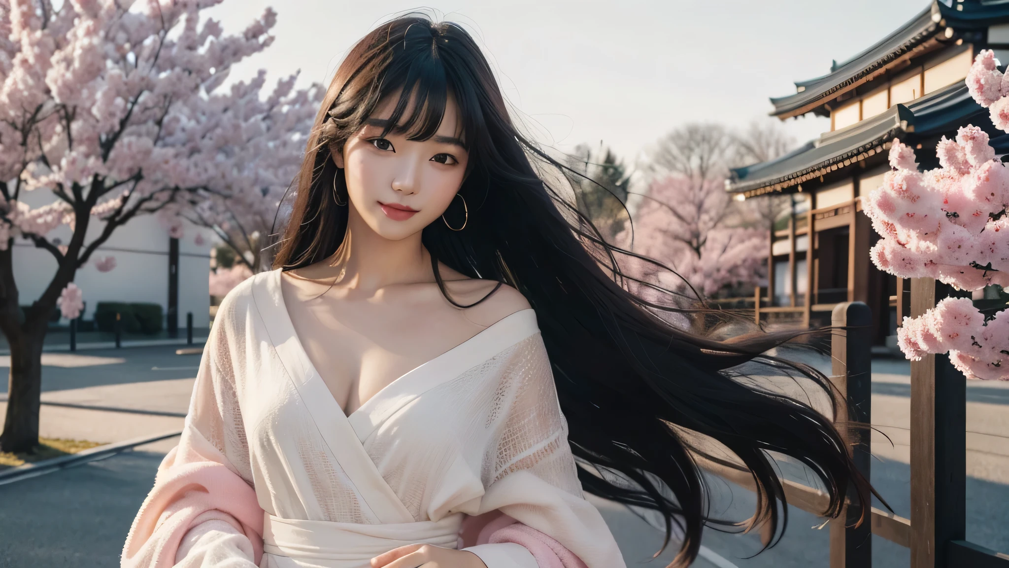 masterpiece, best image quality, high quality, beautiful girl, Japanese, Japanese school girl, popular korean makeup, be familiar with, eye swelling, be familiar with eyes, be familiar with skin, beautiful skin, ultra High resolution, (reality: 1.4), so beautiful, a little young face, beautiful skin, thin, (super reality), (figure), (High resolution), (8K), (highly be familiar with), (best figure), (beautifully be familiar with eyes), (super be familiar with), (wallpaper), (be familiar with face), looking at the viewer, small details, be familiar with face, Pure ?????? face ace_V1, smile, look straight ahead, look straight ahead, Angle from the waist up, realistic pictures, bright lighting, professional lighting, black hair (some green), long hair, dark ruins, big red moon, Gorgeous white and pink dress, mature woman, Stylish long bangs, 