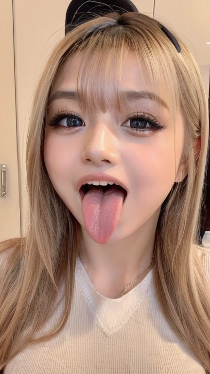 Japanese woman, beautiful girl, gal, blonde, baby face, highest quality realistic skin, eyes in focus, 20 years old, sticking out tongue, focus on mouth, open mouth, long tongue, saliva, open mouth wide, inside of mouth visible, open mouth and sticking out tongue 