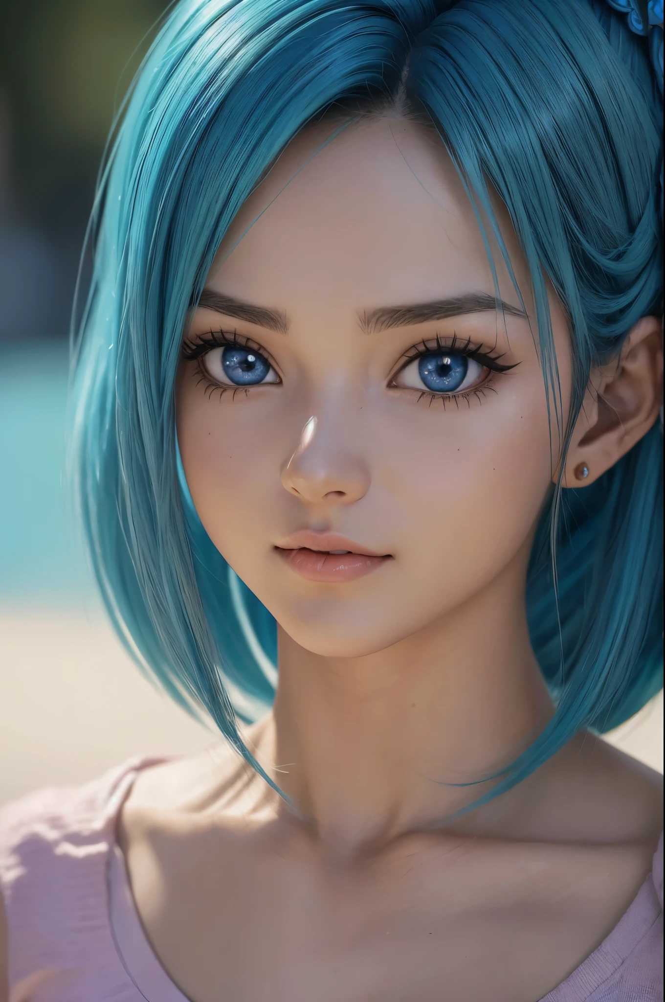 (( muy hermosa)), (( sensual)) ,(( cabello corto)),  (( cabello azul )), solo rostro(( rostro detallado),  ((retrato)), un primer plano de una mujer con cabello verde y una camisa amarilla, retrato, caballeros del zodiaco, , Bulma de Dragon Ball, estilo anime realista 3d, primer plano del retrato del personaje, germen de arte. alto detalle, anime estilo 3d, chica saiyajin, retrato de personaje de primer plano, primer plano de una joven chica anime, personaje de cerca, primer plano del arte del personaje (( 26 years old))