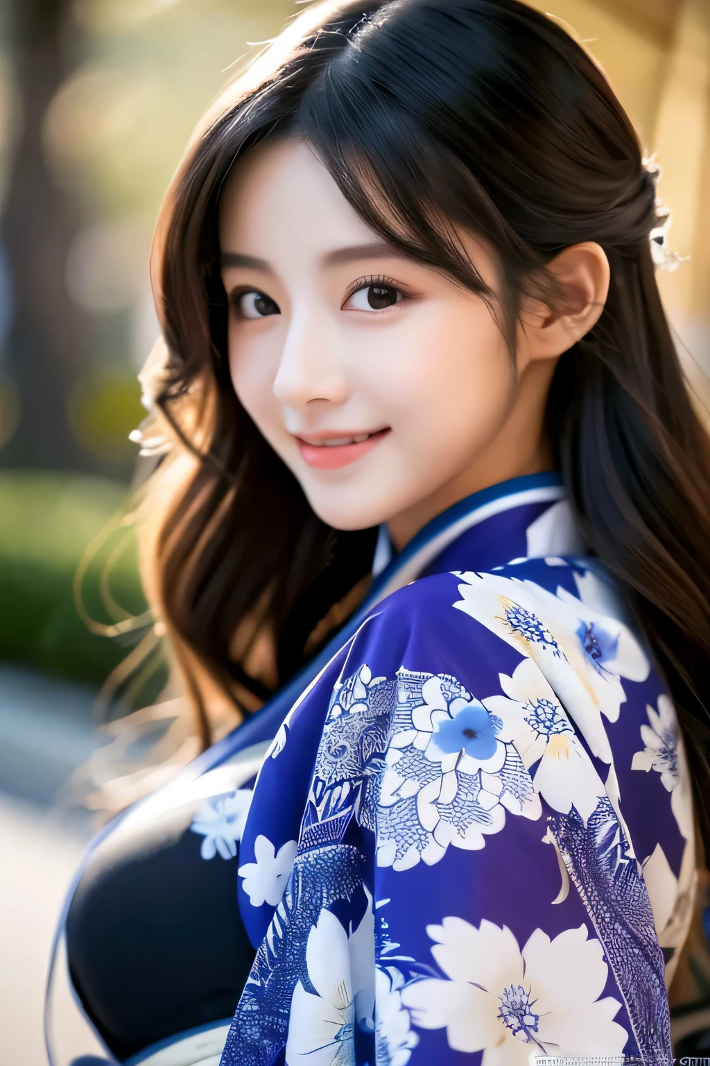 kimono、highest quality, shape, Super detailed, finely, High resolution, 8k wallpaper, perfect dynamic composition shape, finely beautiful eyes, , natural color lip, random  pose,20 year old girl、midnight、Beautiful and dense face、perfect and beautiful face、blur the background、Stylish winter outfits from luxury brands、genuine、perfect and beautiful double eyelids、anatomically and physiologically correct body、Random smile、Feminine cute hairstyle、black hair、Long and wavy hairstyle