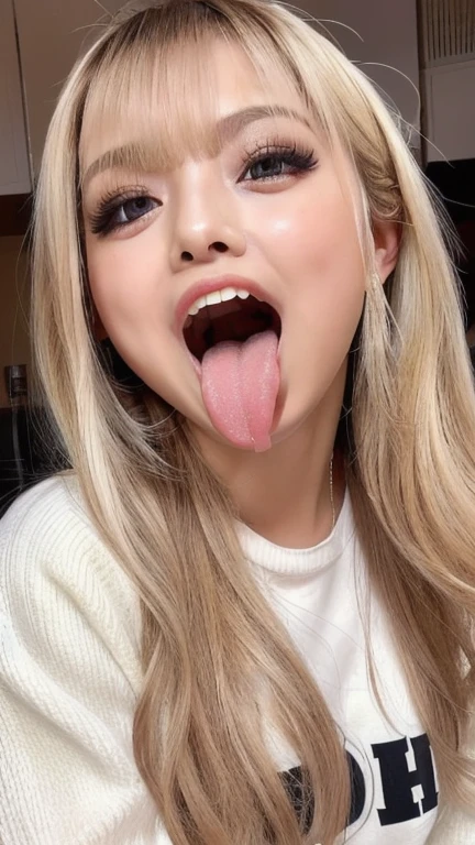 Japanese woman, beautiful girl, gal, blonde, baby face, highest quality realistic skin, eyes in focus, 20 years old, sticking out tongue, focus on mouth, open mouth, long tongue, saliva, open mouth wide, inside of mouth visible, open mouth and sticking out tongue 