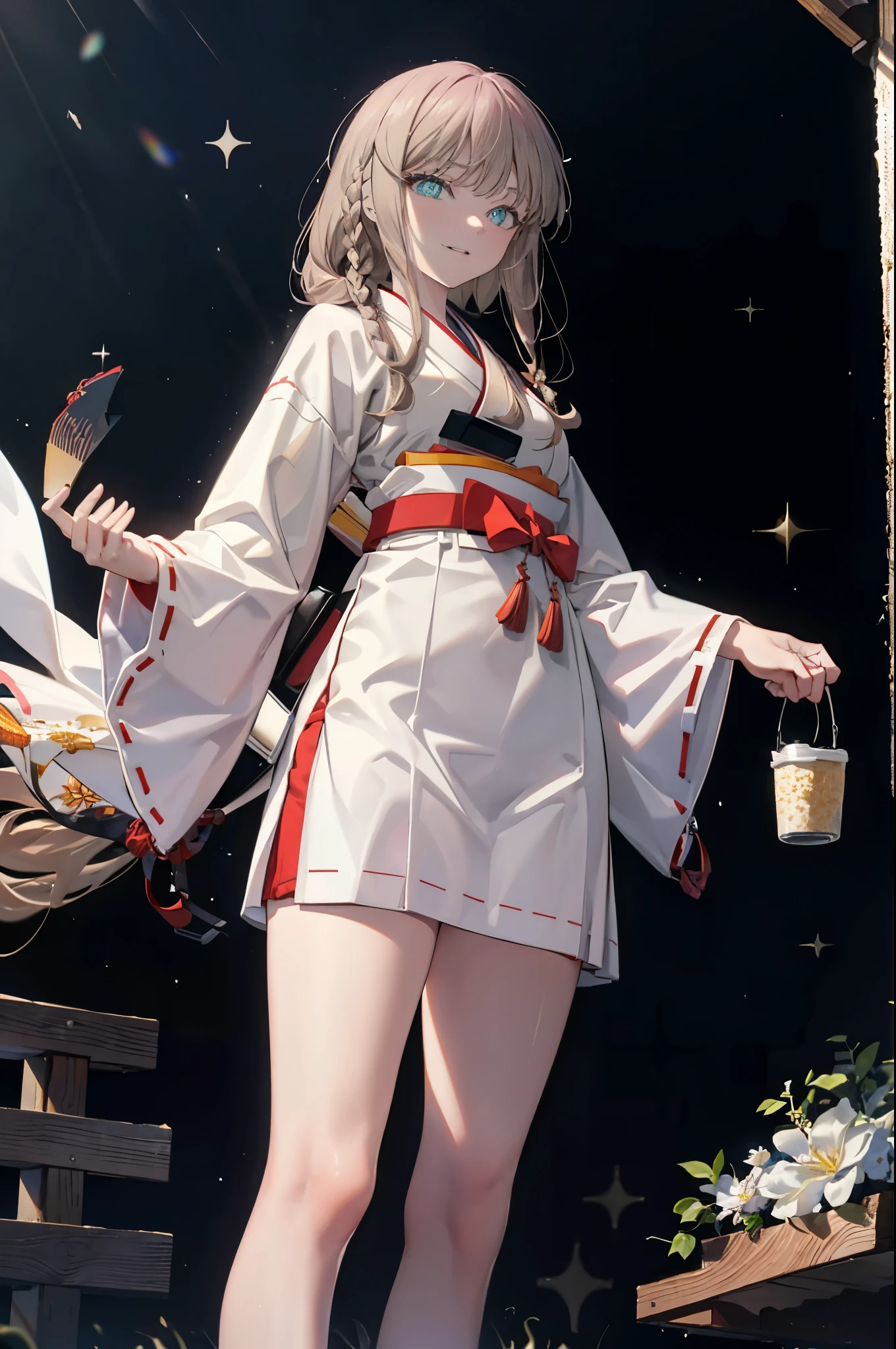 8K,highest quality,masterpiece,Southern dream buds,Southern dream buds　sss Dynazenon,brown hair,long hair,green eyes,short braided hair,ponytail,happy smile, smile, open your mouth,Platycodon grandiflorum,Miko, White Kimono, kimono, red hakama,white foot bag,Zori sandals,same as skirt, wide sleeve, long sleeve, ribbon trim sleeves, 
very long hair, dull bangs, Low ponytail,morning,morning yang,the sun is rising,(cowboy shot:1. 5),(masterpiece:1.2), highest quality, High resolution, unity 8K wallpaper, (shape:0.8), (beautiful and detailed eyes:1.6), highly detailed face, perfect lighting, Very detailed CG, (perfect hands, perfect anatomy),