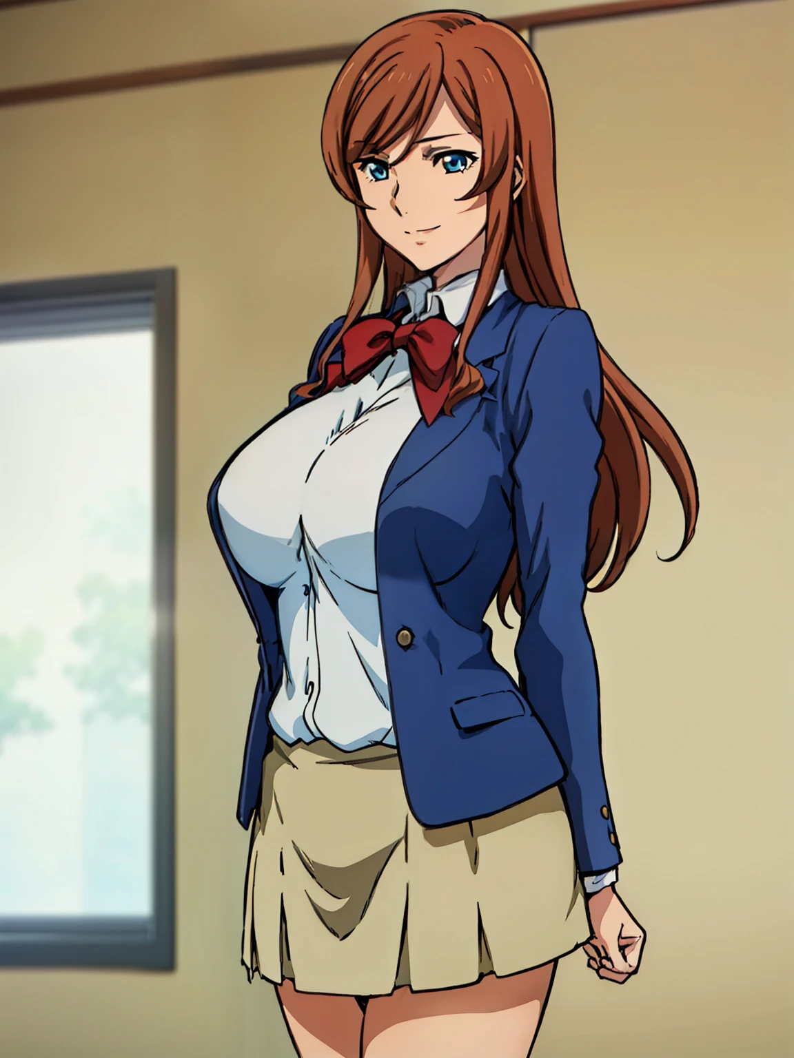 standing, blue jacket, blue suit ,red bow tie, blue pleated skirt, white shirt, (classroom background), Kamiki Mirai, mature woman, anime cels style, best quality, high resolution, 1girl, (huge breasts:1.2), beautiful face, Beautiful Finger, Beautiful long legs, Beautiful body, Beautiful Nose, Beautiful character design, brown hair, Long hair, bangs, blue eyes, cowboy shot, smiling