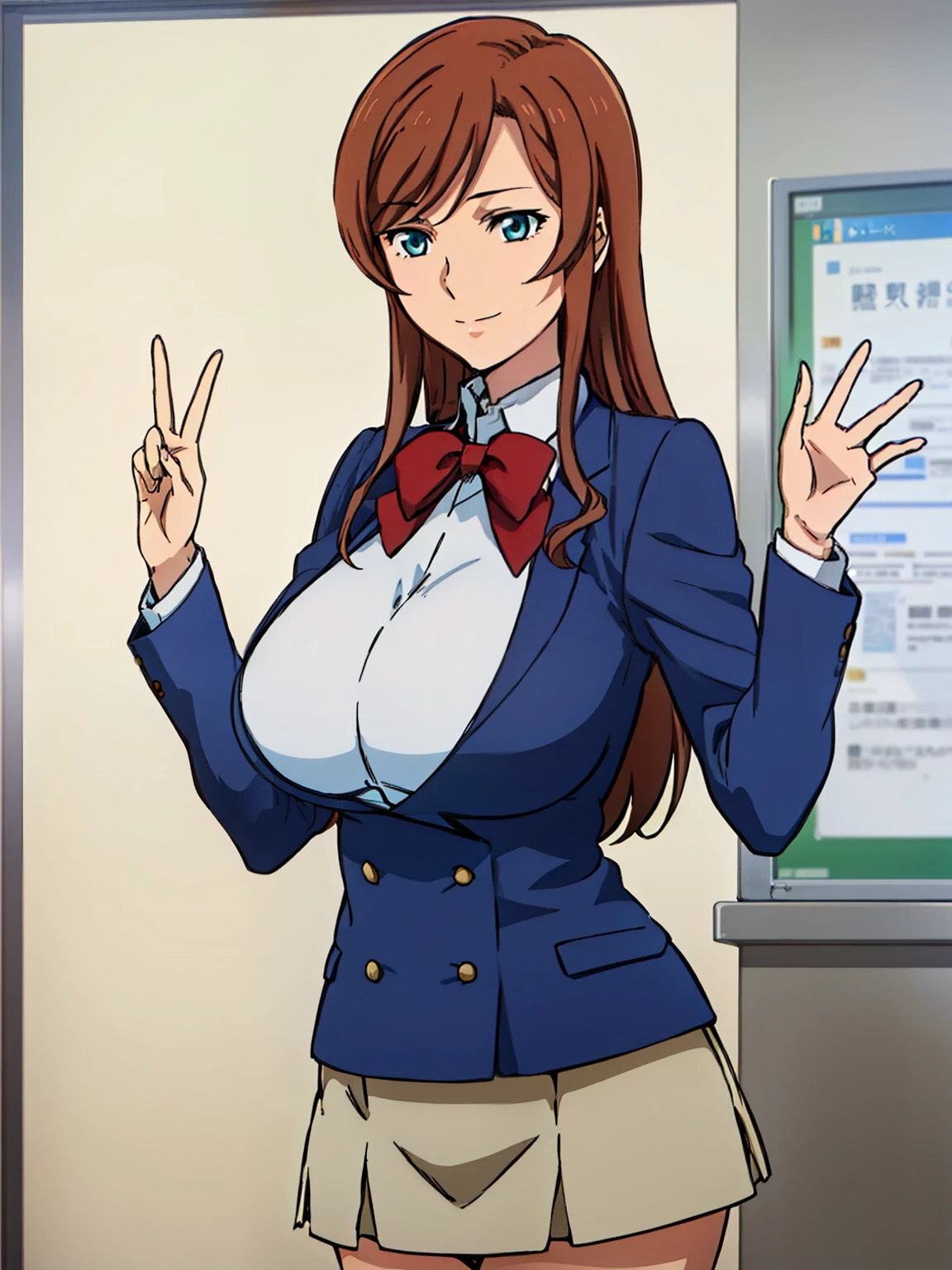 standing, blue jacket, blue suit ,red bow tie, blue pleated skirt, white shirt, (classroom background), Kamiki Mirai, mature woman, anime cels style, best quality, high resolution, 1girl, (huge breasts:1.2), beautiful face, Beautiful Finger, Beautiful long legs, Beautiful body, Beautiful Nose, Beautiful character design, brown hair, Long hair, bangs, blue eyes, cowboy shot, smiling