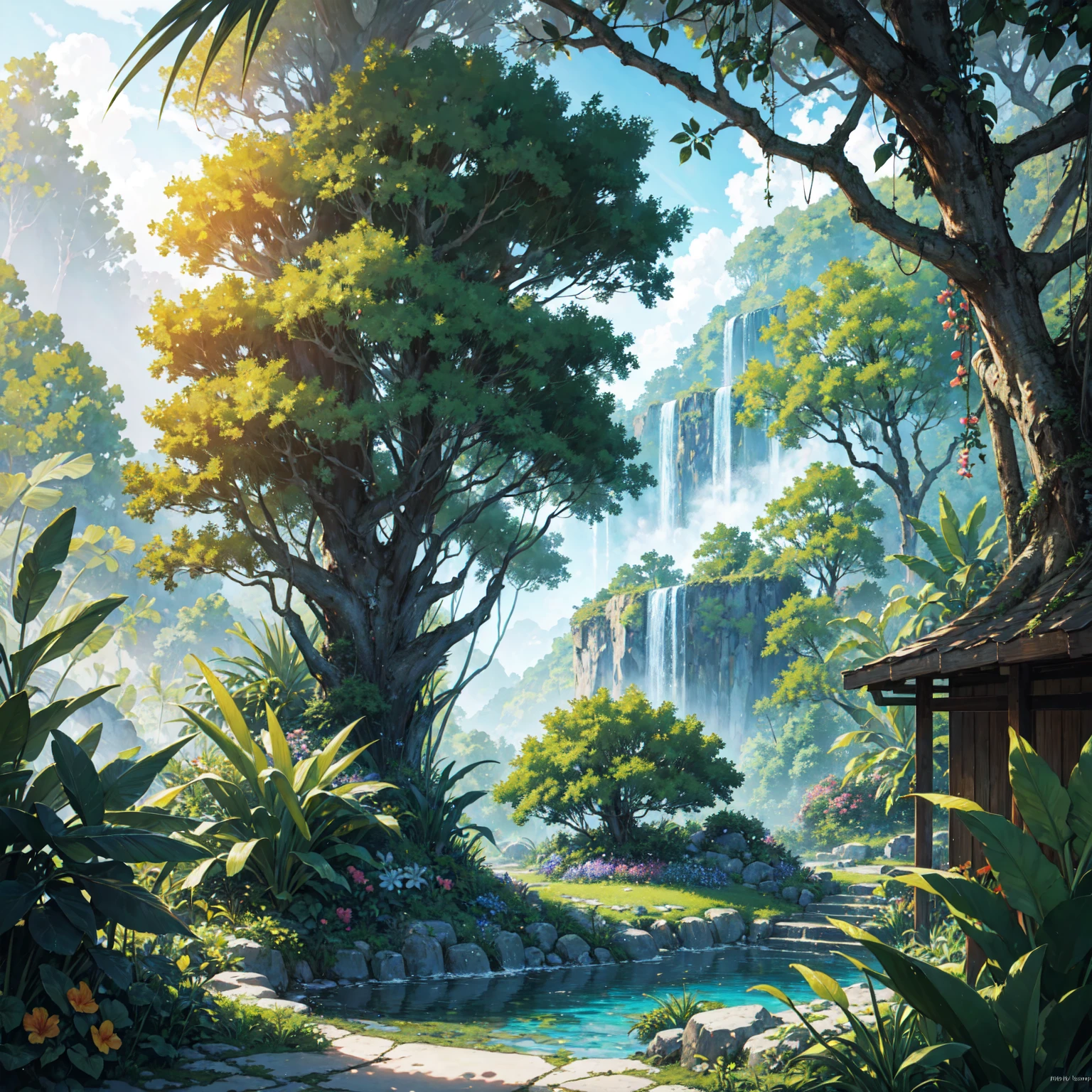 masterpiece, best quality, ultra high res, ultra-detailed, beautiful, tropical rainforest, vibrant flowers, serene landscape
