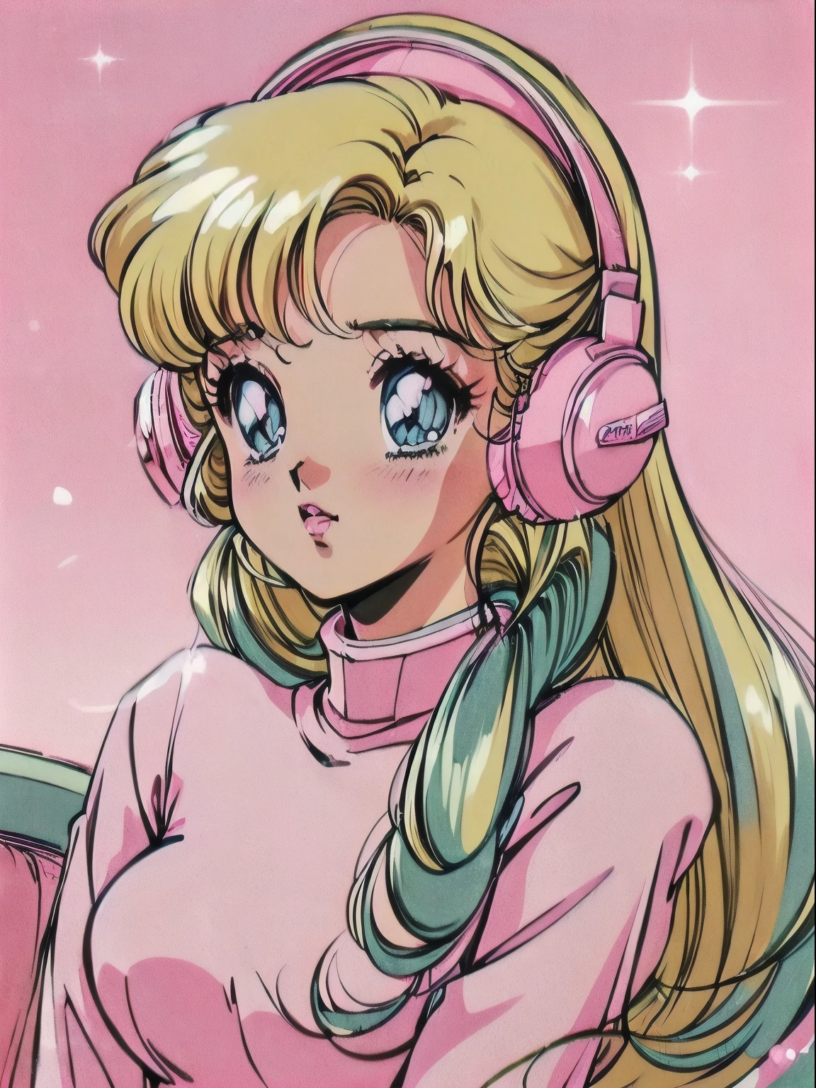 (Blonde Barbie:1.2),(pink outfits:1.1),(vintage 90's:1.1),(romance anime style:1.3), retro atmosphere, a blonde girl, white headphones, wearing a pink turtleneck, The scene is filled with a soft, dreamy glow, as if straight out of an anime. (Best quality: 1.2), ultra-fine details, sharp focus, the girl's expression filled