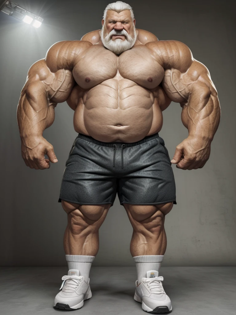 vector, mwvector, (best quality,4k,8k,highres,masterpiece:1.2),ultra-detailed,(realistic,photorealistic,photo-realistic:1.37),((massive muscular)) ((huge Muscular)) chubby old man standing in photo studio, simple background, , shorts and shoes, white hair, super thick arms, super big pectoral, super wide pectoral, topless, shirtless