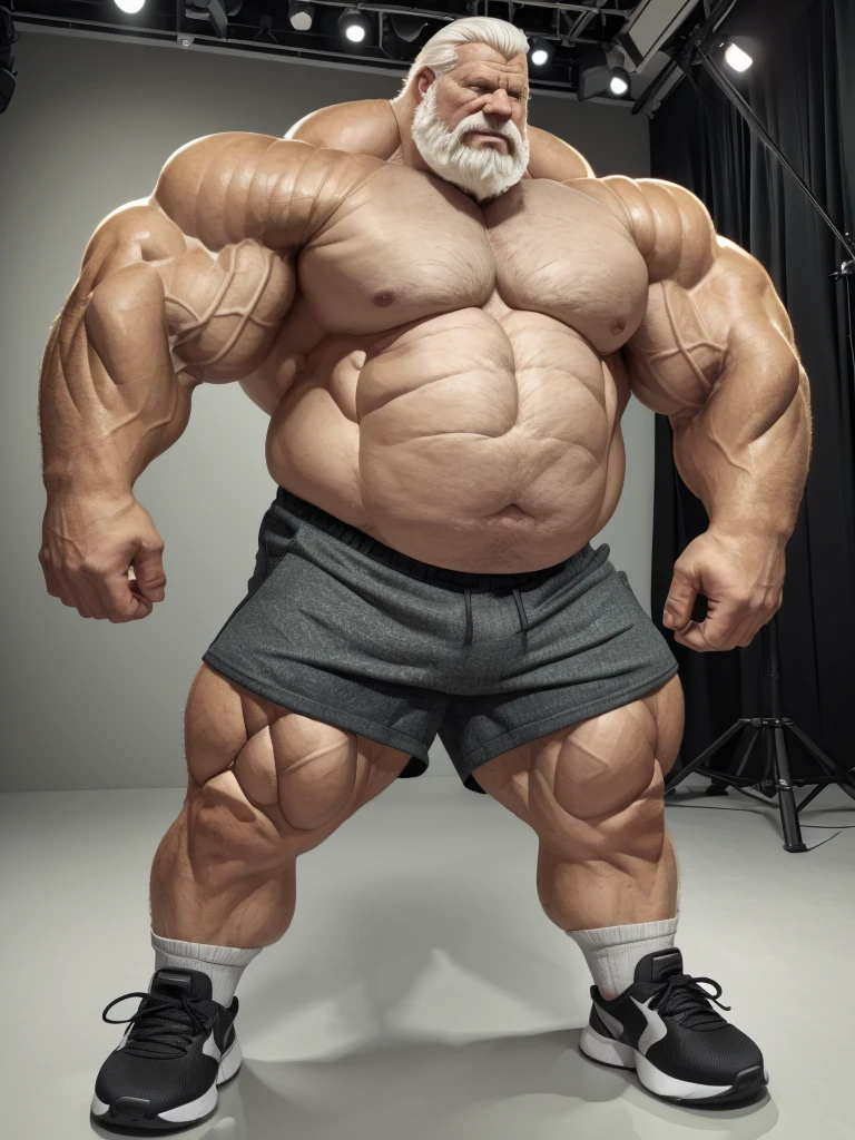 vector, mwvector, (best quality,4k,8k,highres,masterpiece:1.2),ultra-detailed,(realistic,photorealistic,photo-realistic:1.37),((massive muscular)) ((huge Muscular)) chubby old man standing in photo studio, simple background, , shorts and shoes, white hair, super thick arms, super big pectoral, super wide pectoral, topless, shirtless