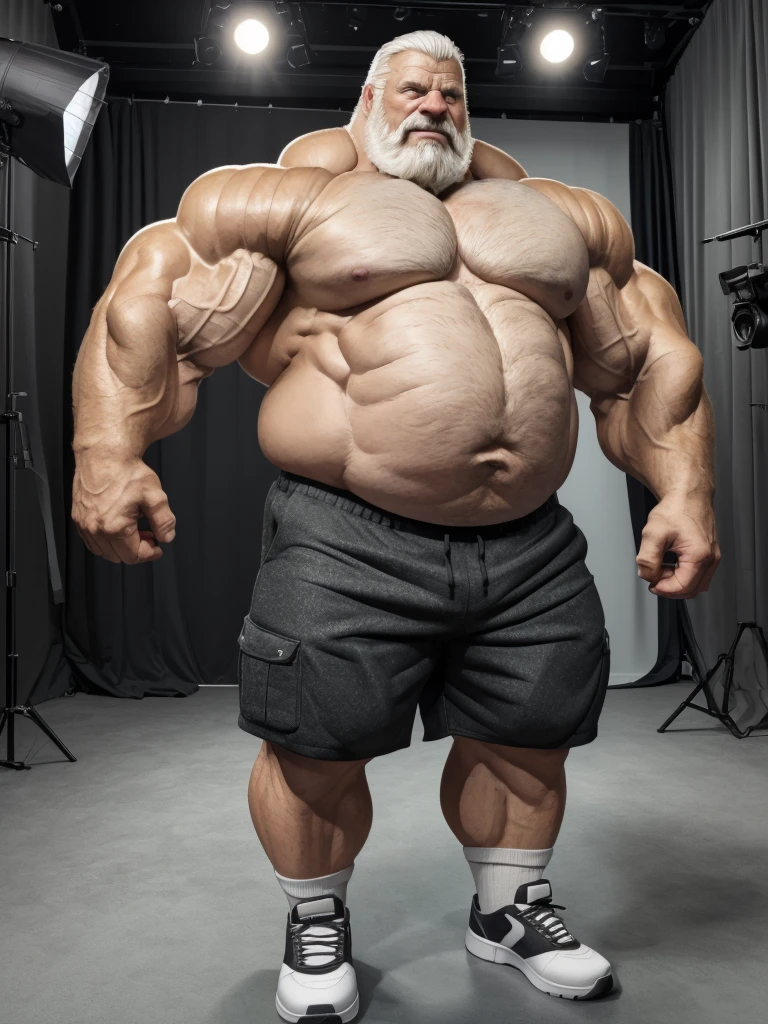 vector, mwvector, (best quality,4k,8k,highres,masterpiece:1.2),ultra-detailed,(realistic,photorealistic,photo-realistic:1.37),((massive muscular)) ((huge Muscular)) chubby old man standing in photo studio, simple background, , shorts and shoes, white hair, super thick arms, super big pectoral, super wide pectoral, topless, shirtless