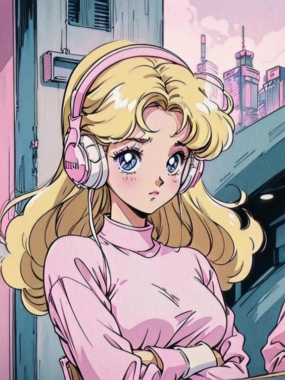 (Blonde Barbie:1.2),(pink outfits:1.1),(vintage 90's:1.1),(romance anime style:1.3), retro atmosphere, blonde girl, wavy hair, white headphones, wearing a pink turtleneck, The scene is filled with a soft, dreamy glow, as if straight out of an anime. (Best quality: 1.2), ultra-fine details, sharp focus, the girl's expression filled, make the headphones white in color, cyberpunk