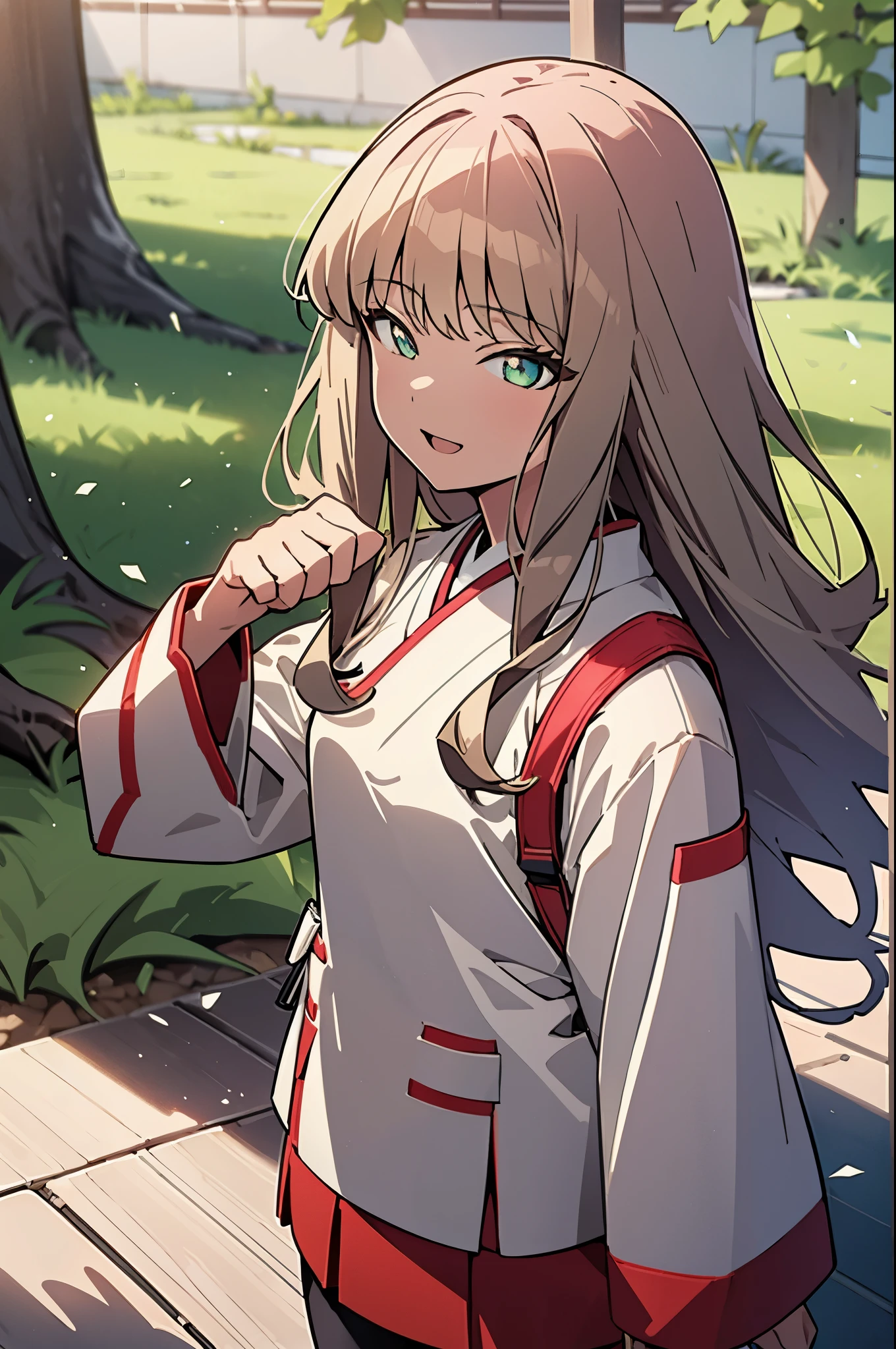 8K,highest quality,masterpiece,Southern dream buds,Southern dream buds sss Dynazenon,brown hair,long hair,green eyes,short braided hair,ponytail,happy smile, smile, open your mouth,Platycodon grandiflorum,Miko, White Kimono, kimono, red hakama,white foot bag,Zori sandals,same as skirt, wide sleeve, long sleeve, ribbon trim sleeves,
very long hair, dull bangs, Low ponytail,morning,morning yang,the sun is rising,(cowboy shot:1. 5),(masterpiece:1.2), highest quality, High resolution, unity 8K wallpaper, (shape:0.8), (beautiful and detailed eyes:1.6), highly detailed face, perfect lighting, Very detailed CG, (perfect hands, perfect anatomy),