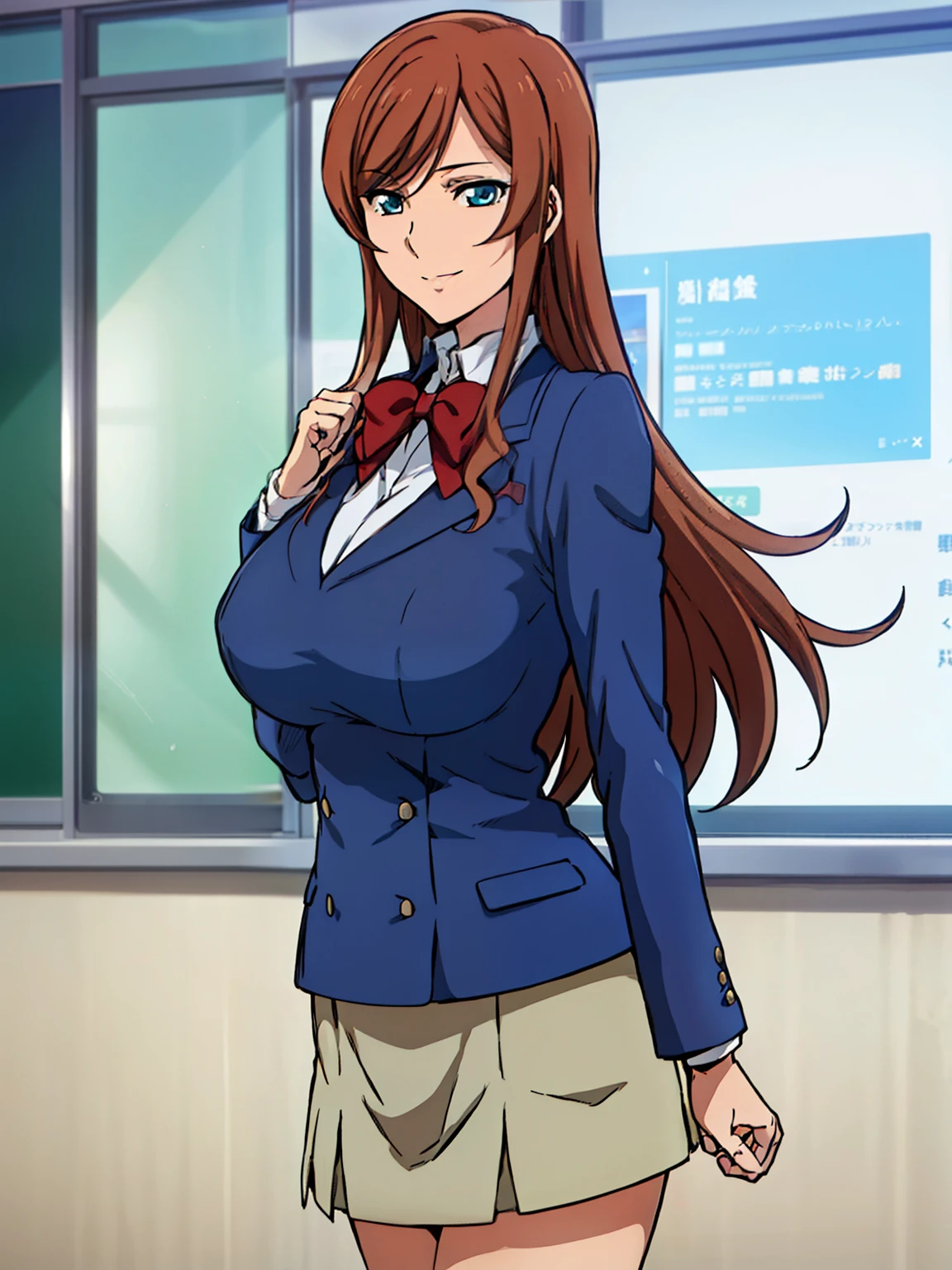 standing, blue jacket, blue suit , red bow tie, (blue pleated skirt), white shirt, (classroom background), Kamiki Mirai, mature woman, anime cels style, best quality, high resolution, 1girl, (huge breasts:1.2), beautiful face, Beautiful Finger, Beautiful long legs, Beautiful body, Beautiful Nose, Beautiful character design, brown hair, Long hair, bangs, blue eyes, looking at viewer, cowboy shot, smiling