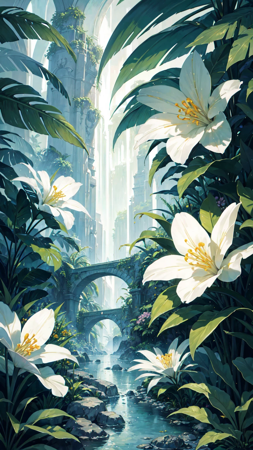 masterpiece, best quality, ultra high res, ultra-detailed, beautiful, tropical rainforest, vibrant flowers, serene landscape